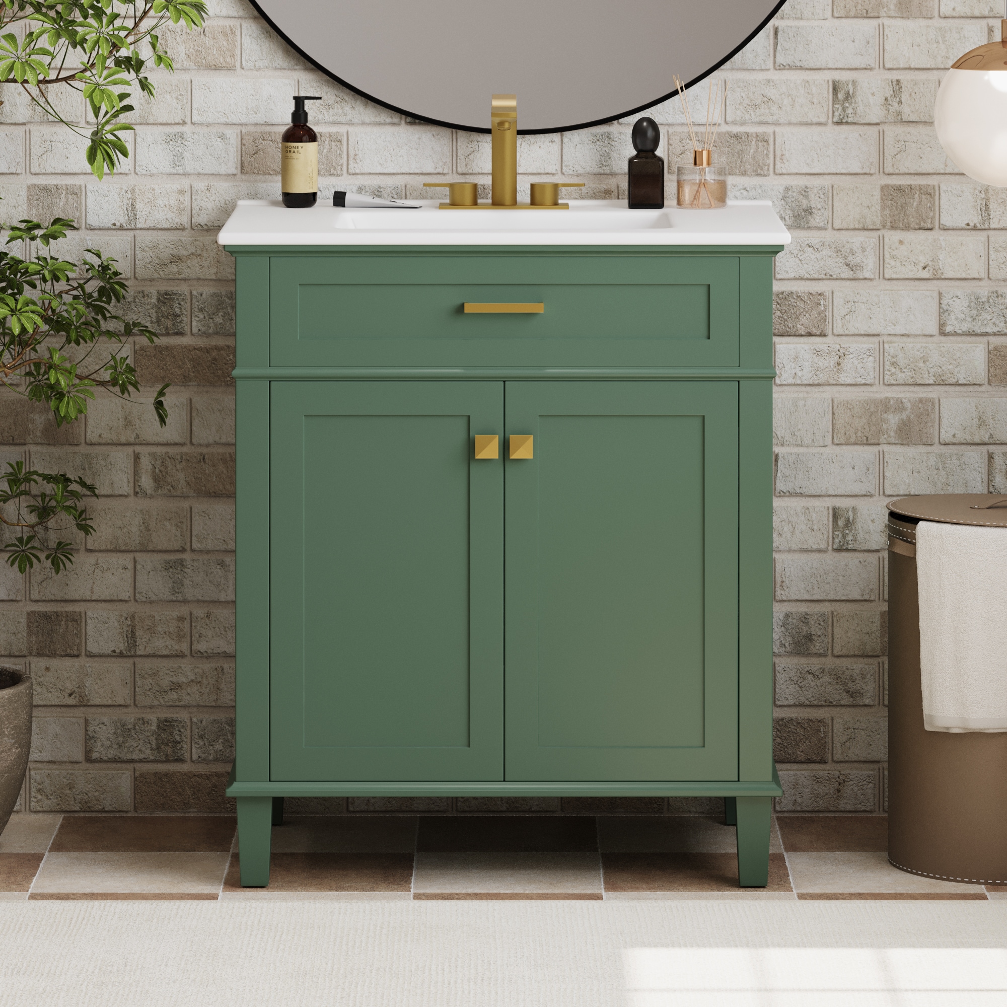 30-in Green Single Sink Bathroom Vanity with White Ceramic Top