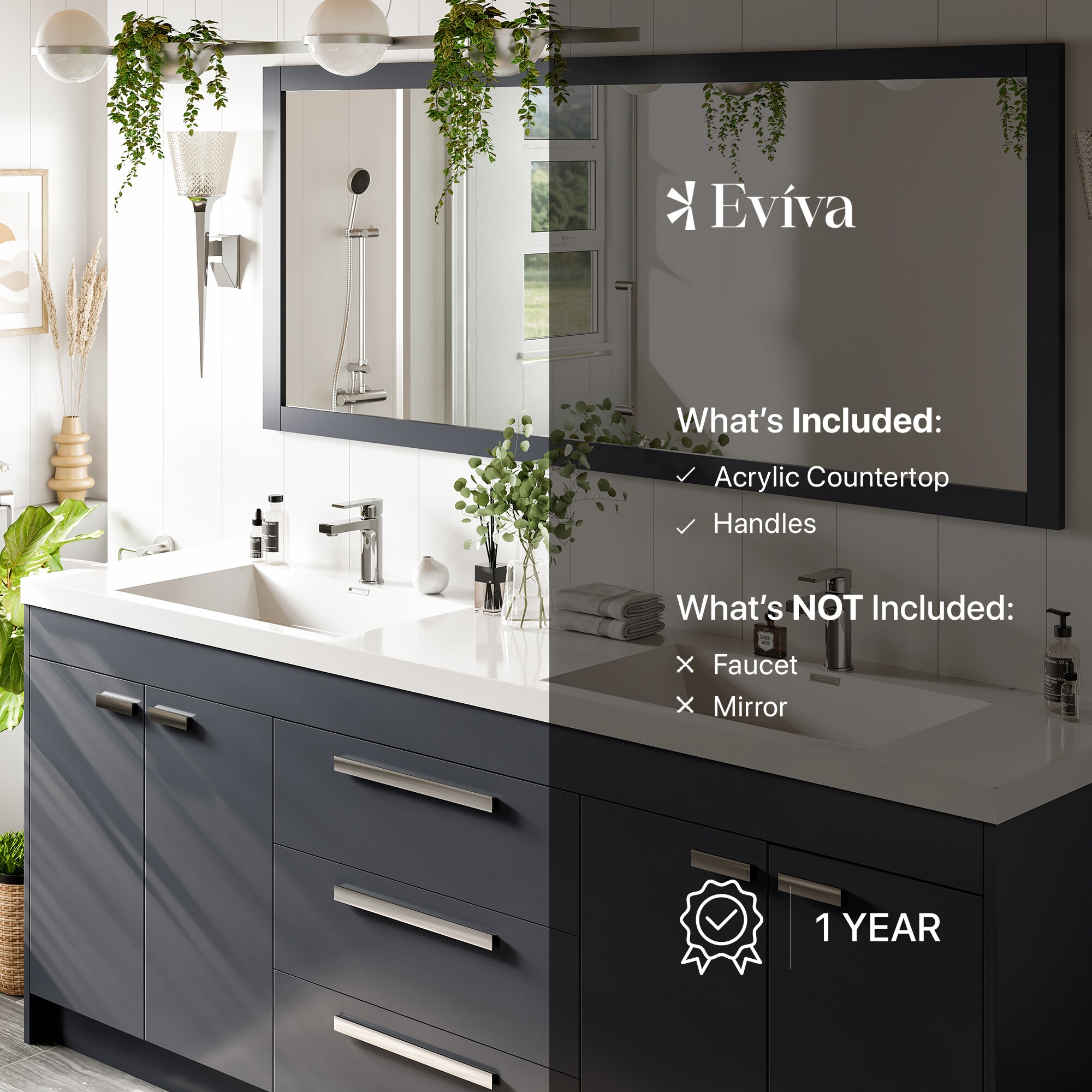 Eviva Lugano 84" Gray Modern Freestanding Double Sink Vanity with Acrylic Top