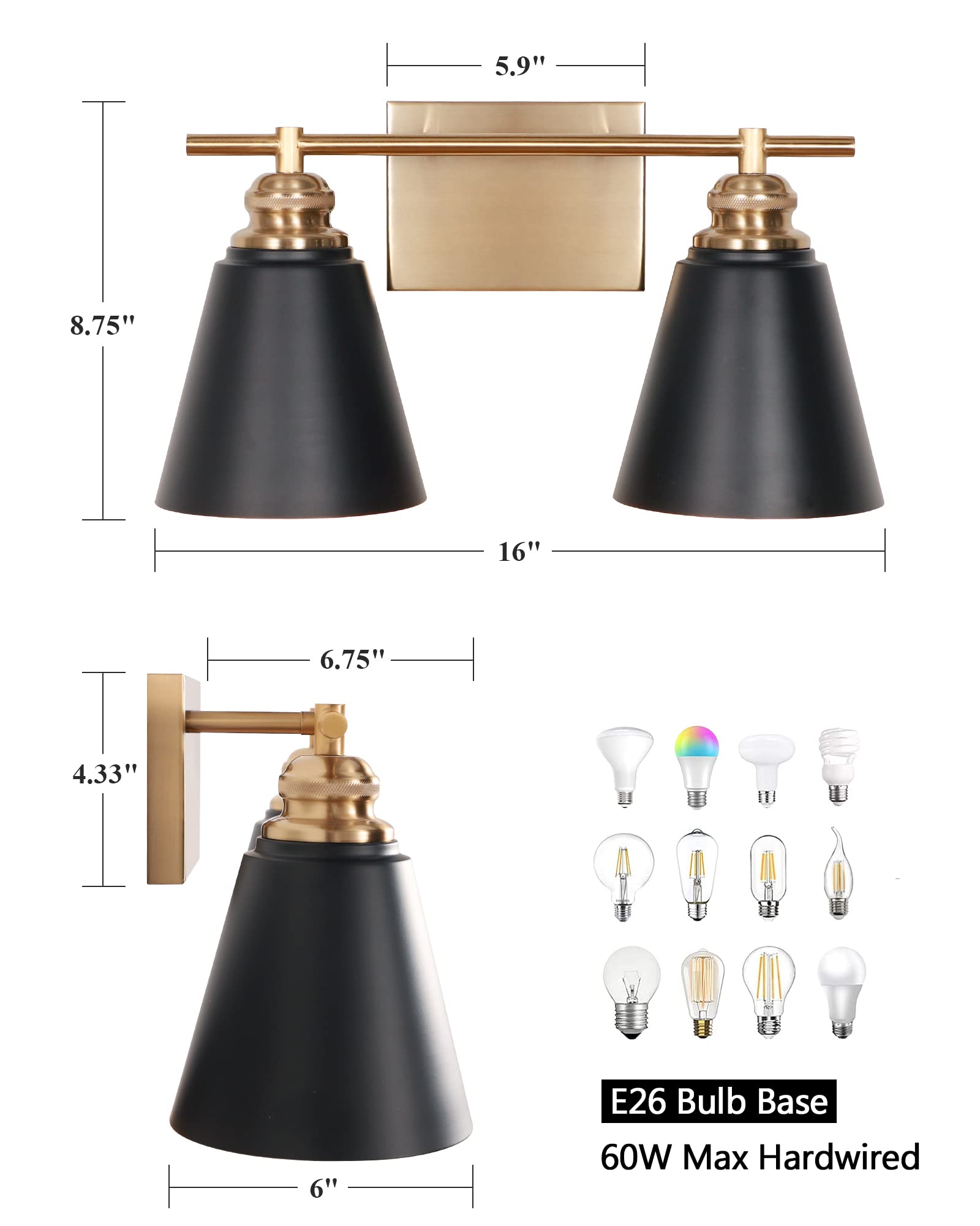 Lukvuzo 2 Light Black and Gold Bathroom Vanity Lights Modern Wall ...