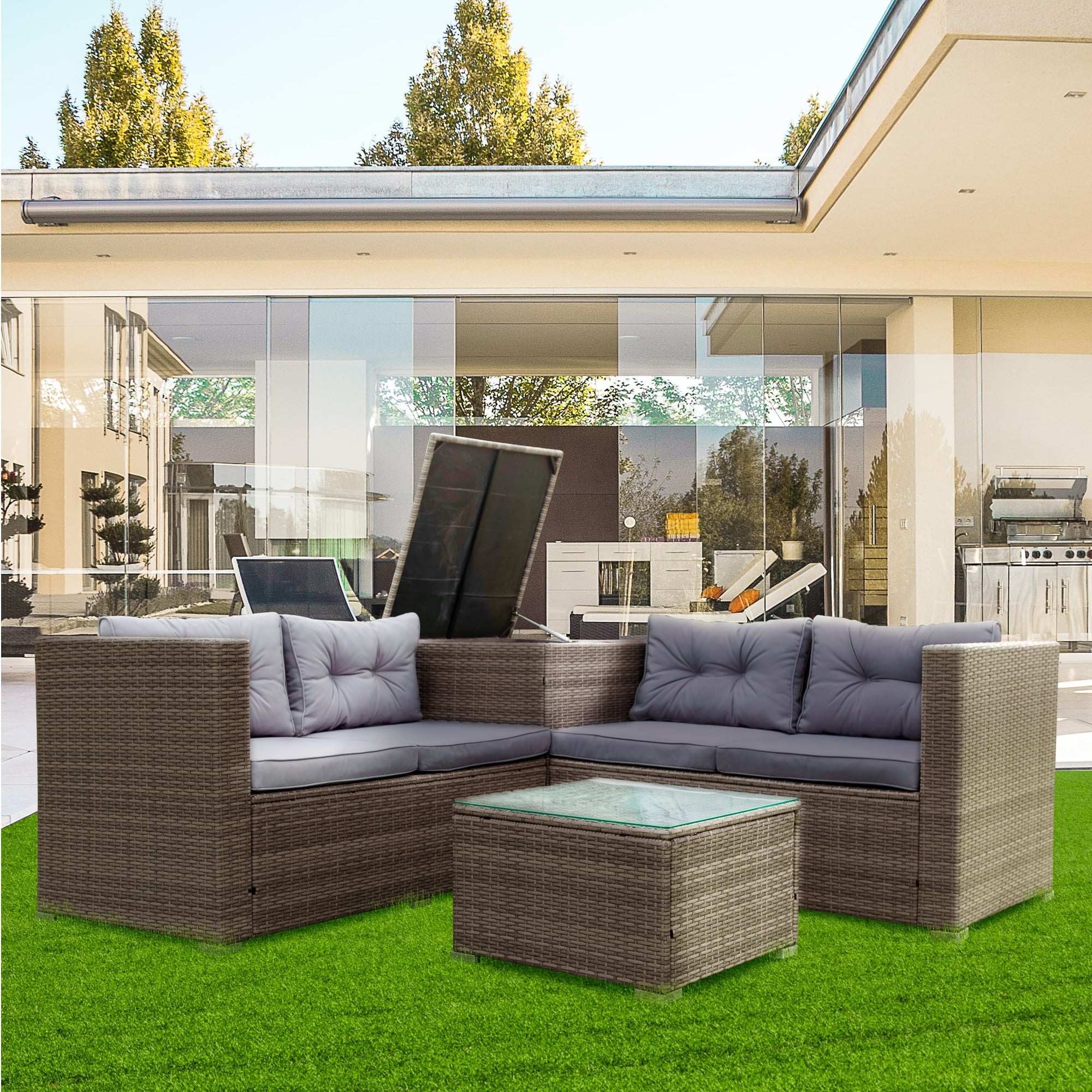 Runesay DABED-15 Sofa Set Rattan Outdoor Sectional with Gray Cushions and Iron Frame
