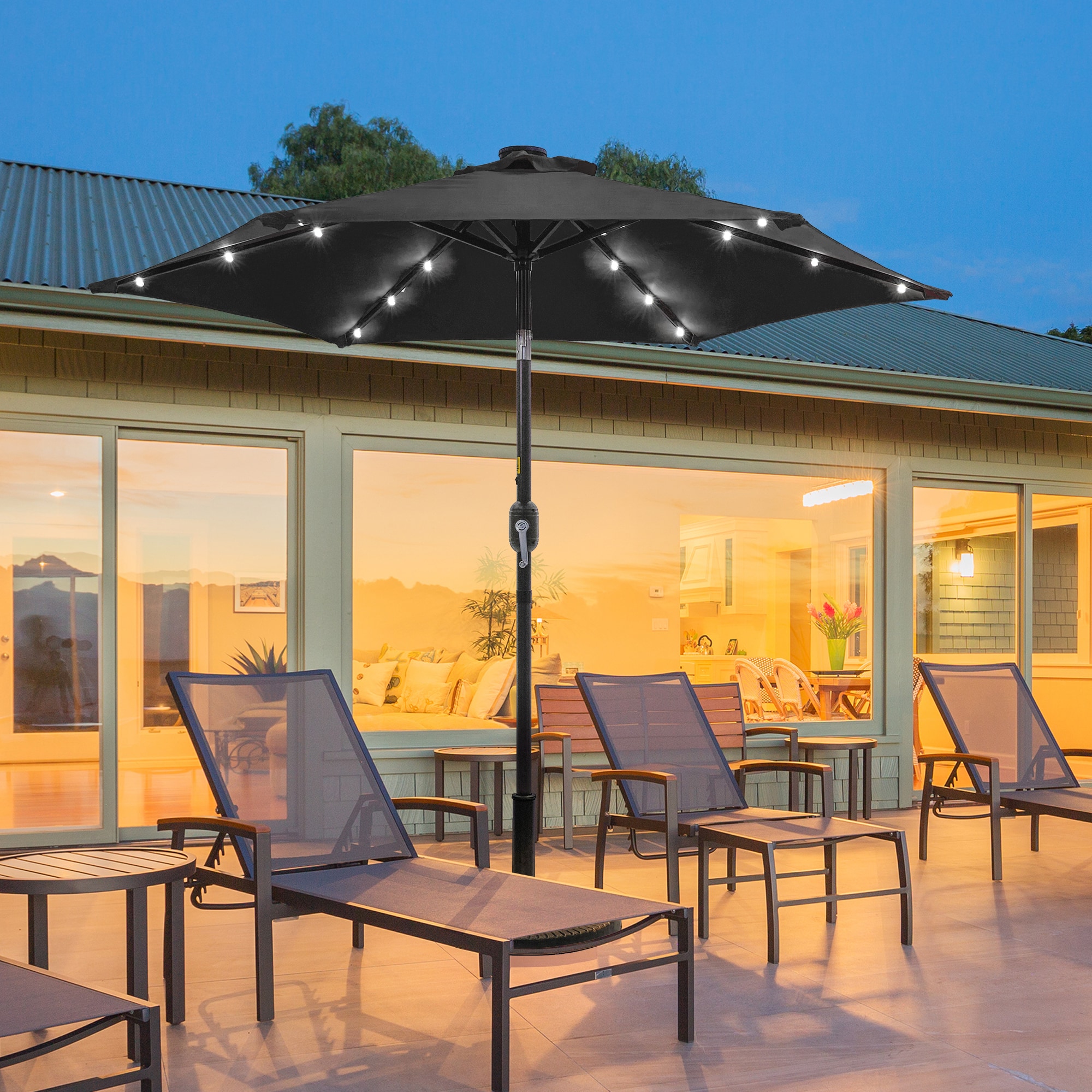 Sonkuki SD-LED90BK 7.5-Feet Steel Black Push-button Tilt Market Patio Umbrella with Lights and