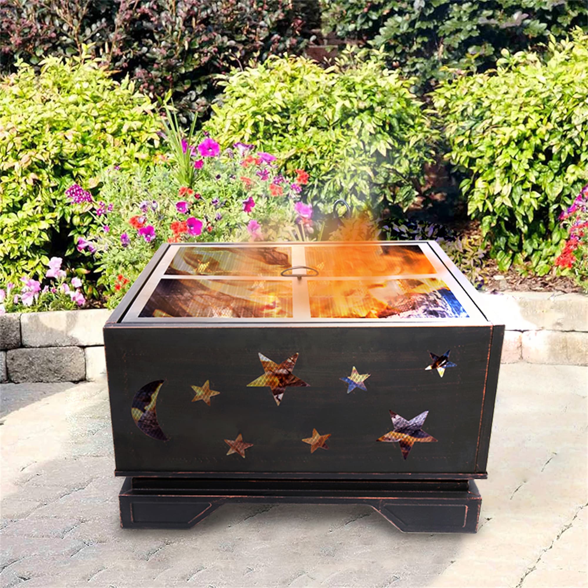 BABOOM Square Fire Pit with BBQ Grill 26 in W Antique Brass Steel Wood Burning Fire Pit BOM 126981 OR at Lowes