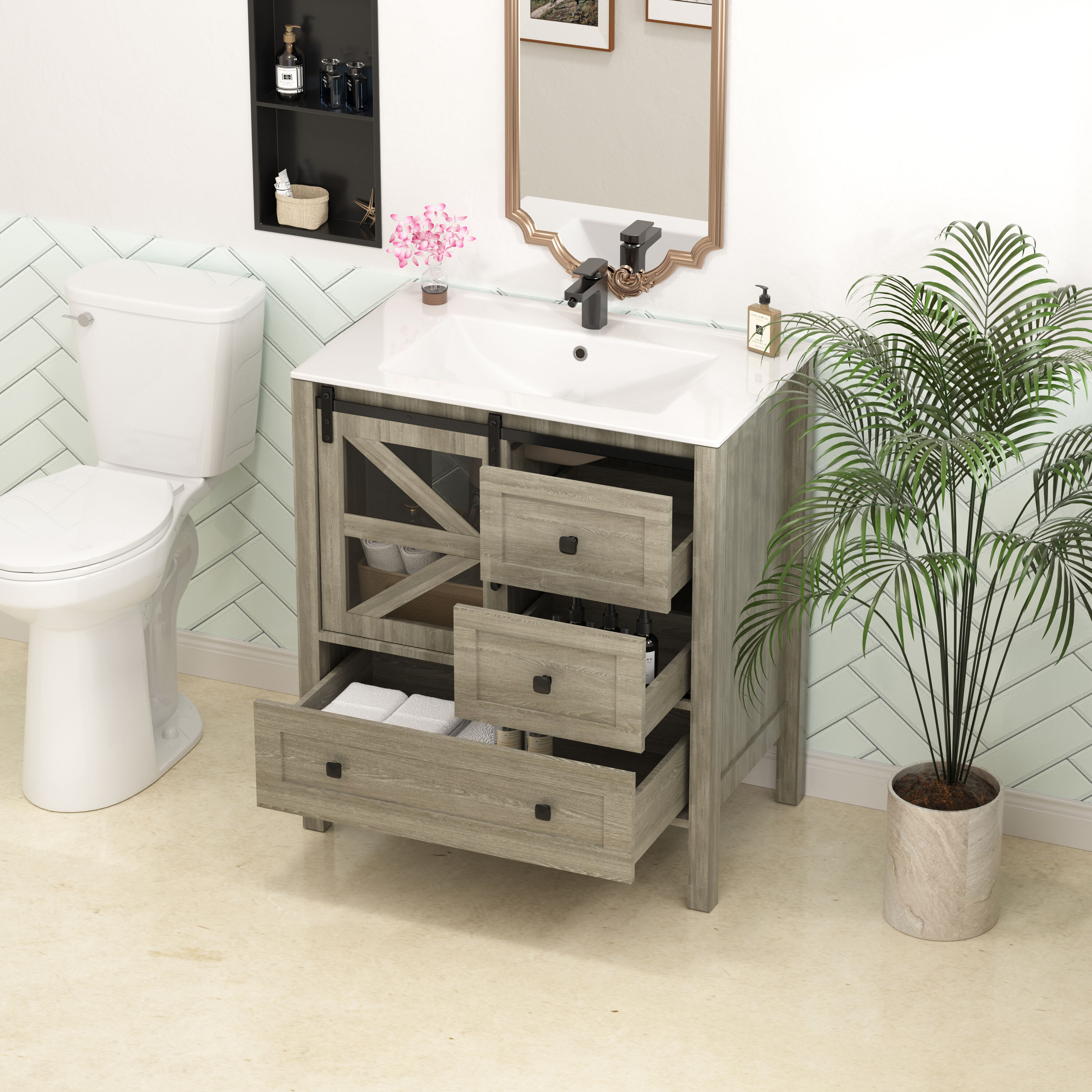 FINDEPOT 30-in Freestanding Farmhouse Bathroom Vanity with Ceramic Top (No Faucet) Bathroom Storage Vanity Cabinet with Sliding Barn Door 3 Drawers