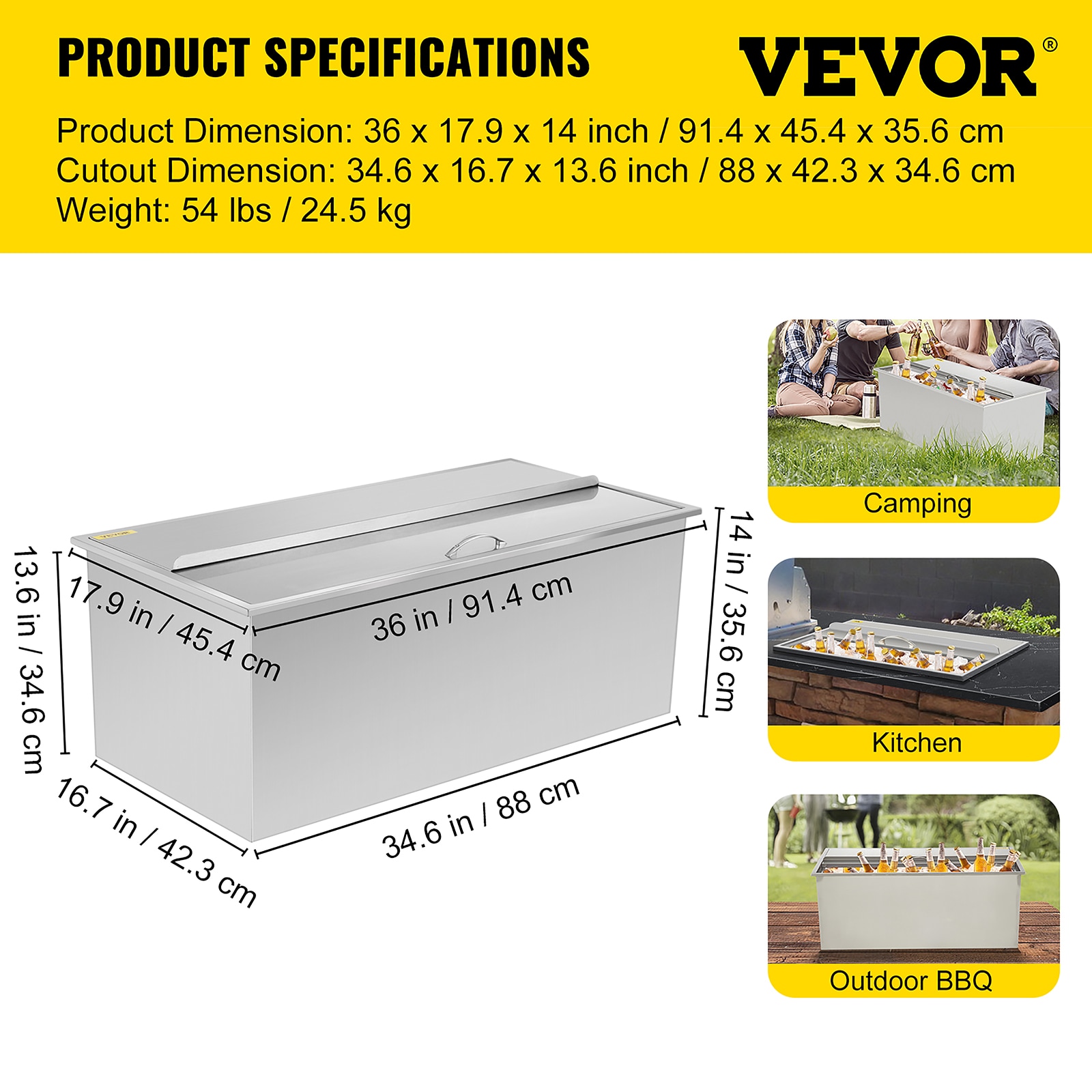 VEVOR 18x12 BBQ Island Stainless Steel Drop in Ice Chest/Cooler Bin w/Drain Valve