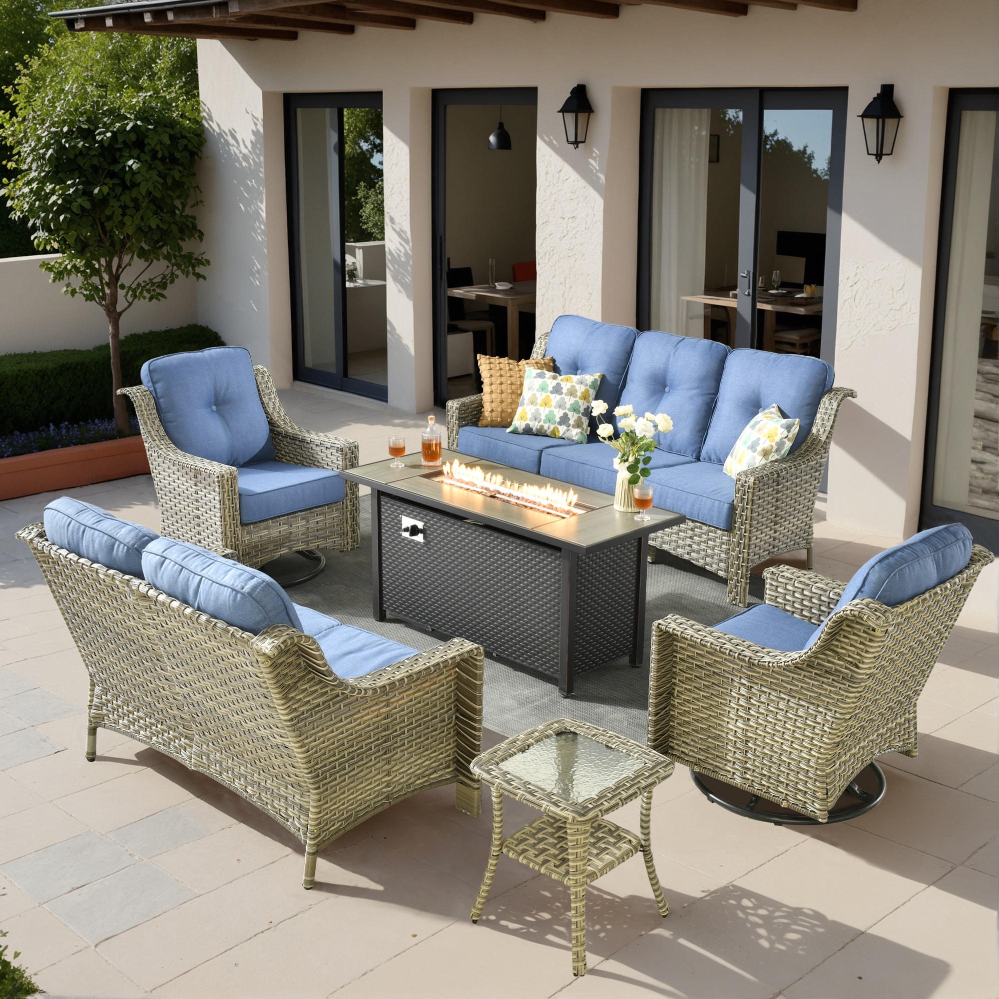 Pouuin SDYZPAD506 6 -Piece Wicker Patio Sofa Conversation Set with Blue Cushions