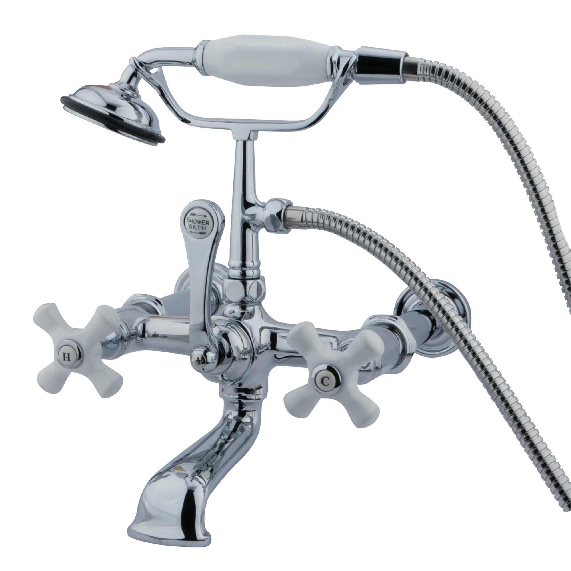 Kingston Brass WLCC550T1 Vintage Polished chrome 3-handle Wall-mount Low-arc Bathtub Faucet with Hand Shower ( Valve Included )