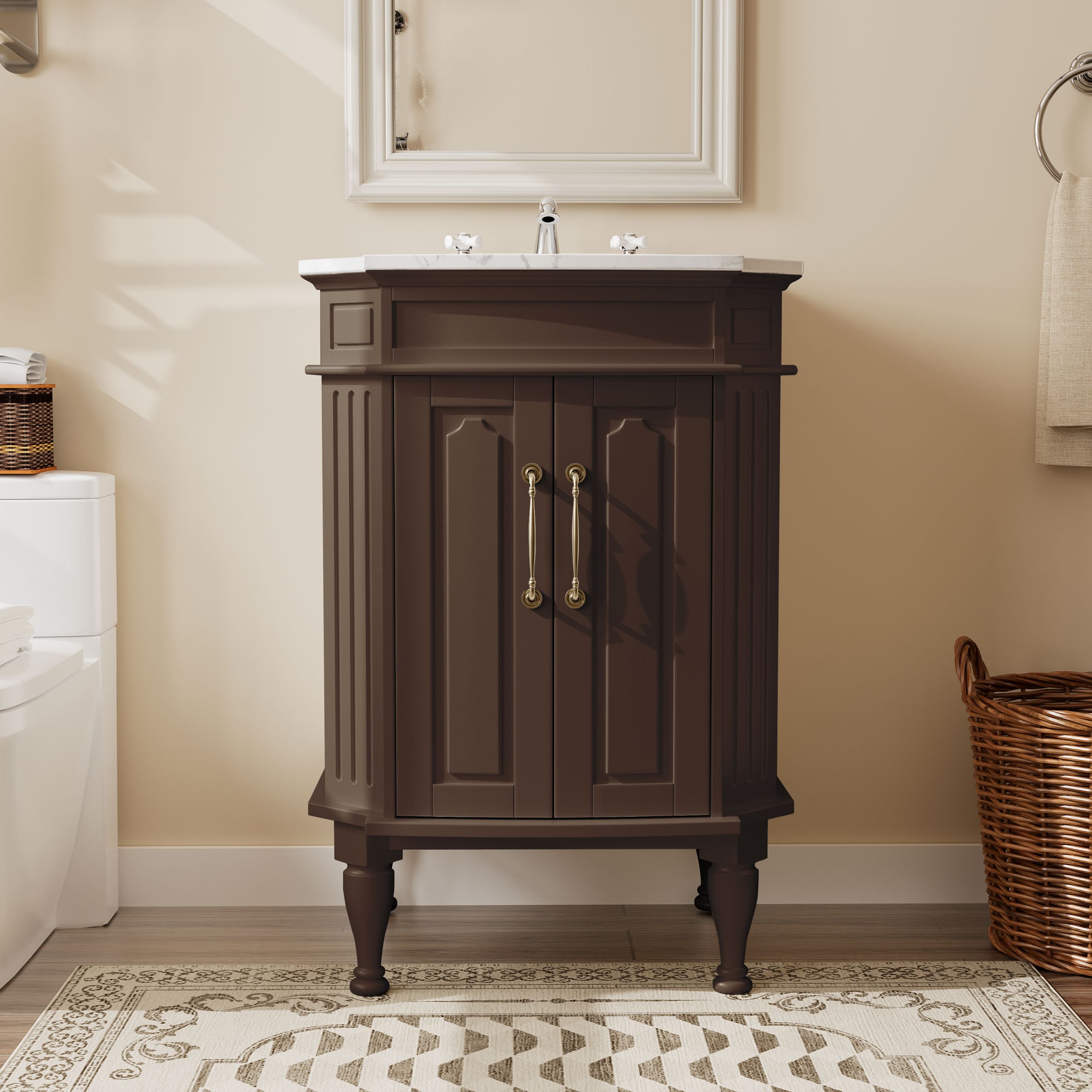 VOUA LWS-10X10-LK-BU+BASE bathroom vanities with top 24-in Brown Single Sink Bathroom Vanity with White Marble Top