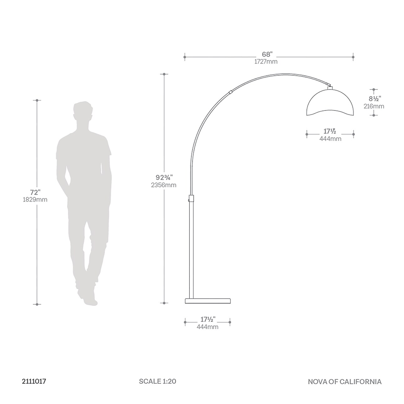 Luna Bella 68" Weathered Brass Arc Floor Lamp with Black Marble Base
