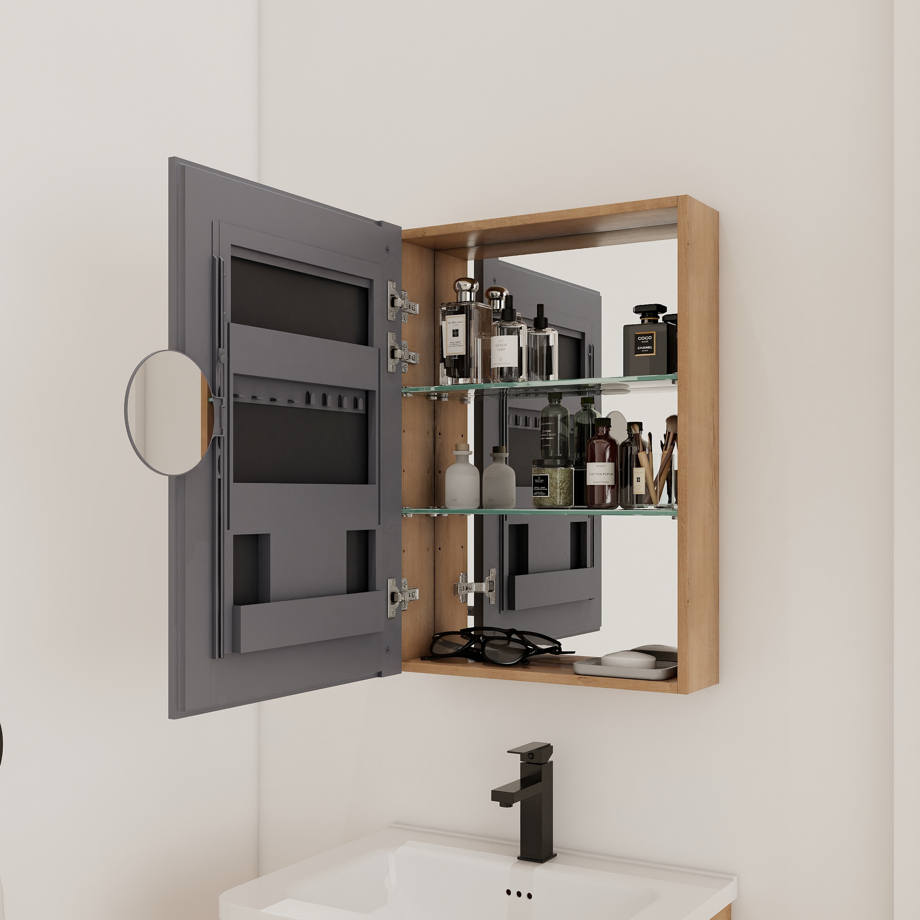 Huluwat 20 Inches Bathroom Mirror Cabinet with Storage Wall Mounted Medicine Cabinet with Mirror Door Adjustable Glass Shelves Plywood