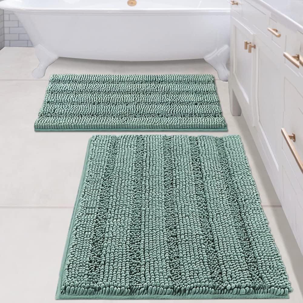 H.Versailtex  Sage Chenille Bath Rug Set 2Piece ExtraThick Striped Shaggy Bath Mats with NonSlip Backing