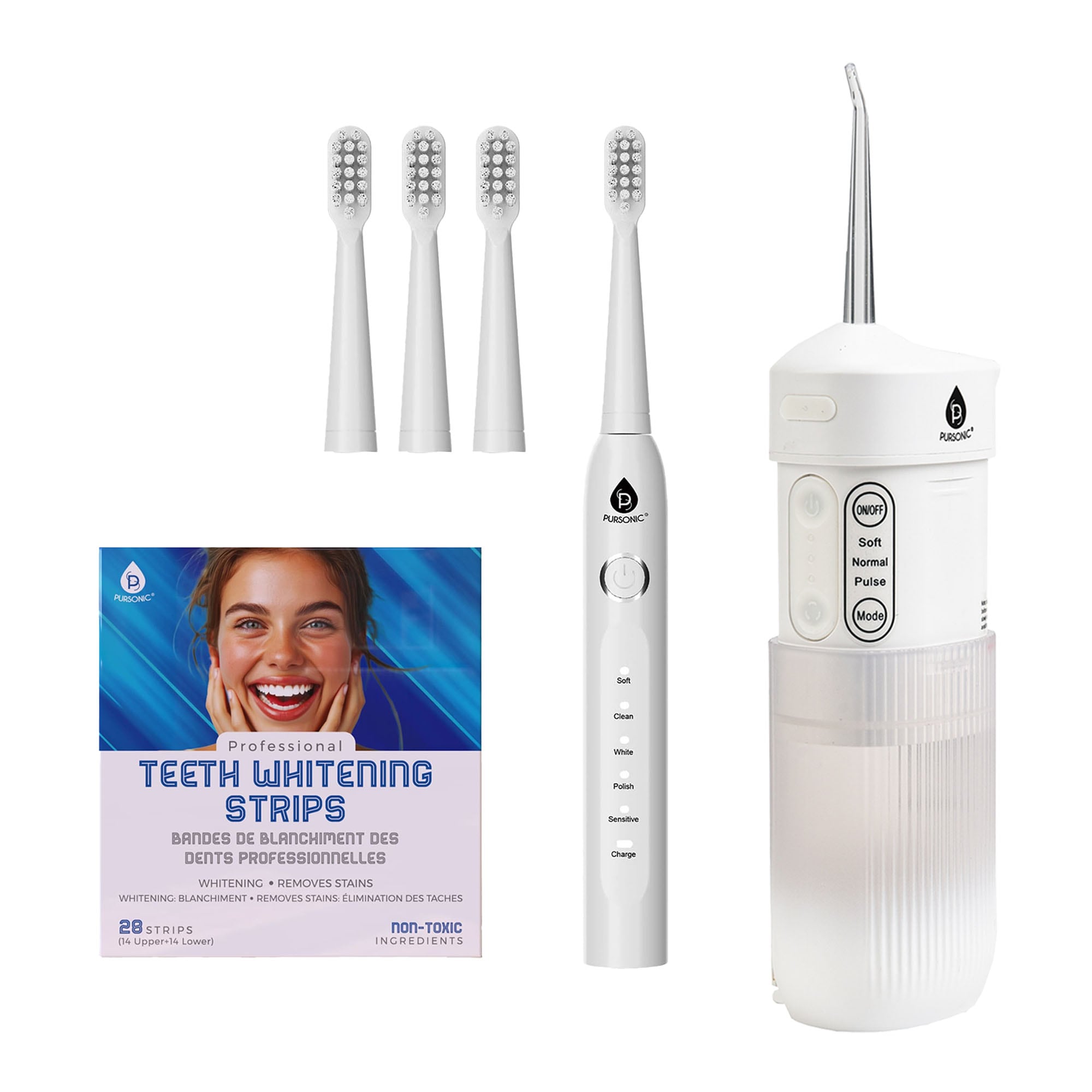 Pursonic TBUSB303WHTWS28OIC36 PowerSmile Bundle USB Rechargeable Sonic Toothbrush Collapsible Water Flosser  Professional Teeth Whitening Strips for a Complete Oral Care System