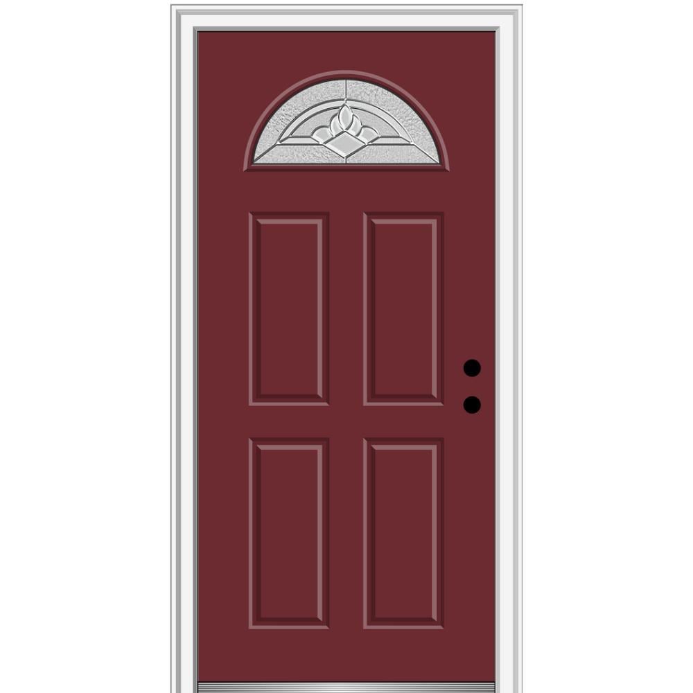 MMI DOOR ZZ3667365L 32-in x 80-in x 4-9/16-in Fiberglass 1/4 lite Left-hand inswing Burgundy Painted Prehung Front Door with Brickmould Insulating core