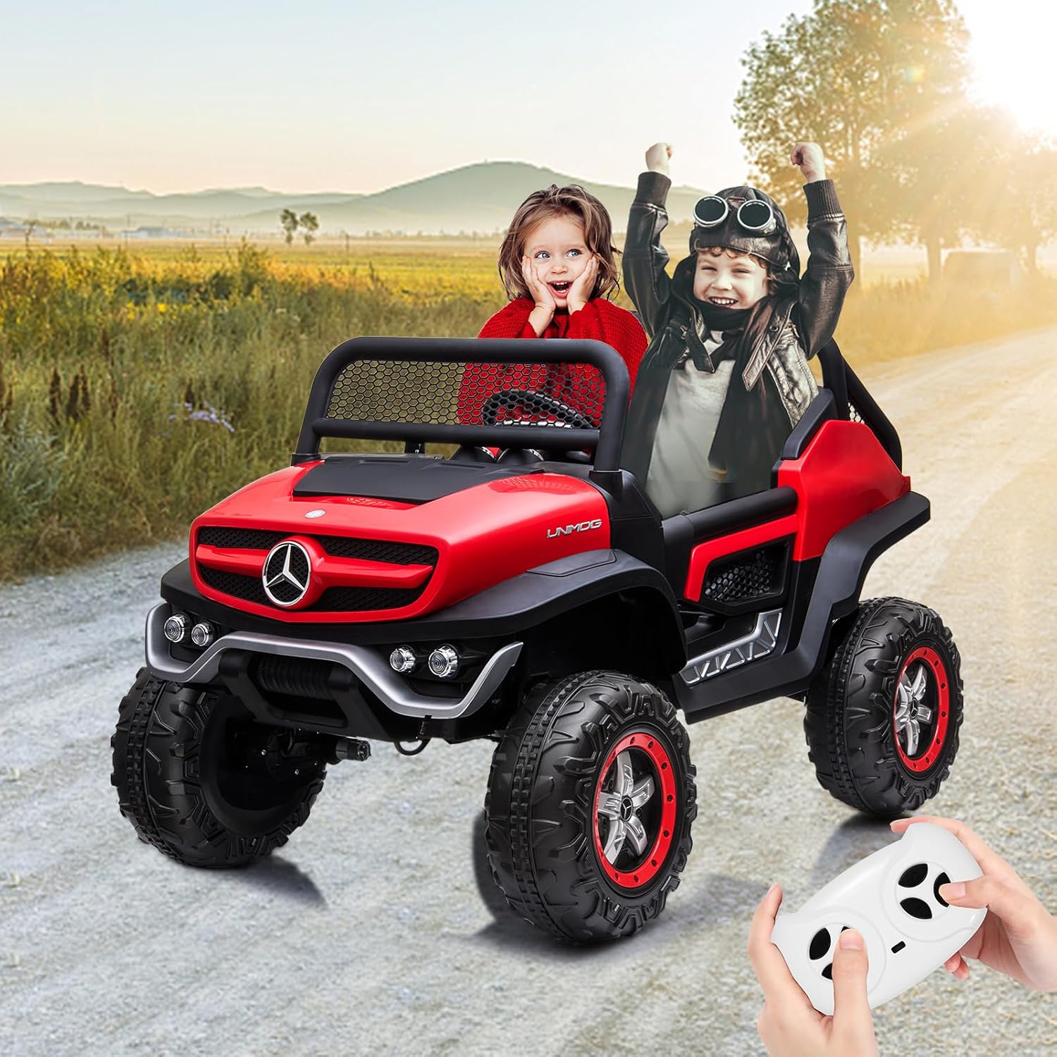 Der Rose RD-PTO-0ZD9LFNZ 24V Two Seater Kids Electric Ride On Vehicle With Remote Control Four Motors 2WD And 4WD Switchable Led Lights Music Usb Tf Card Slot And Durable Off Road Tires For Ages 3 To 8 Red
