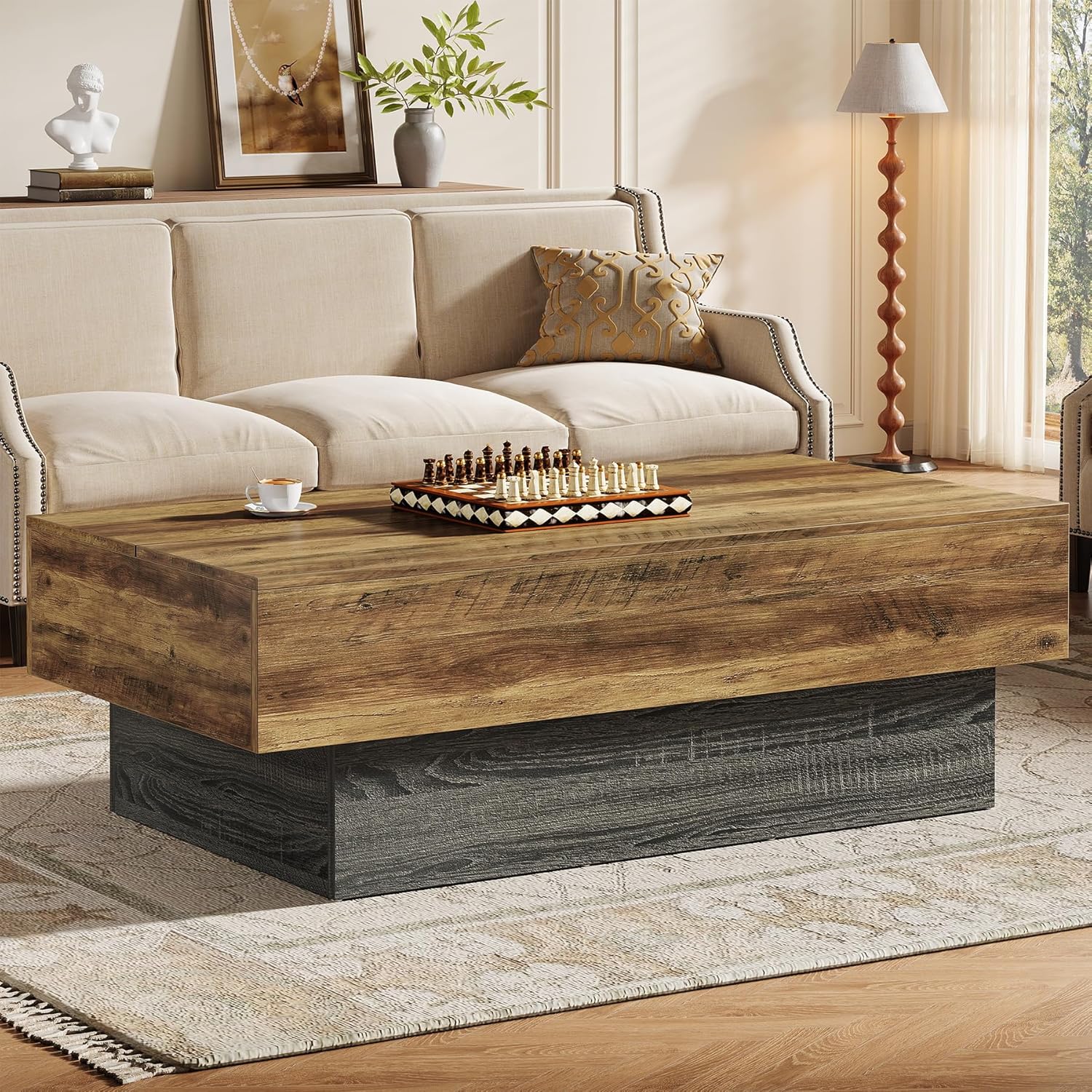 Tribesigns  55 inches Farmhouse Wood Coffee Table Large Rectangle Rustic Brown and Grey Tea Table for Living Room Office Reception Vintage Center Table for Living Room