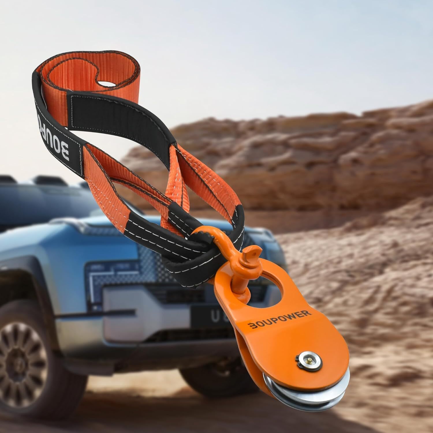 Qeetex GGL-PAU-3MFM4DB8 Road Recovery Kit 10-Ton Heavy Duty Snatch Block Pulley 3x8-Inch Tree Saver Strap w/2pc D Ring Shackles Recovery Winching Accessories