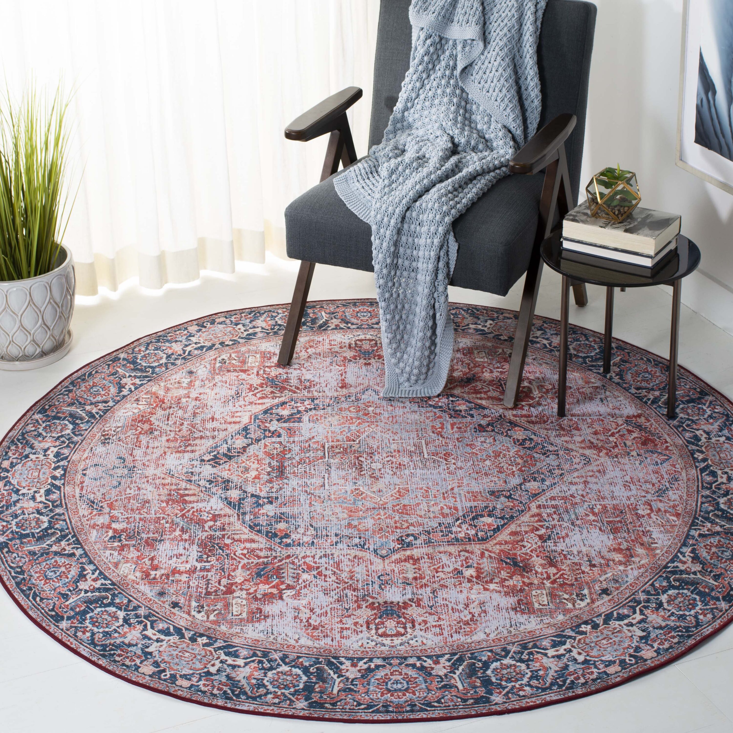 Safavieh TSN177P-6R Tucson 6 x 6 (ft) Loomed Polyester Rust/Navy Round Indoor Border Machine washable Area rug