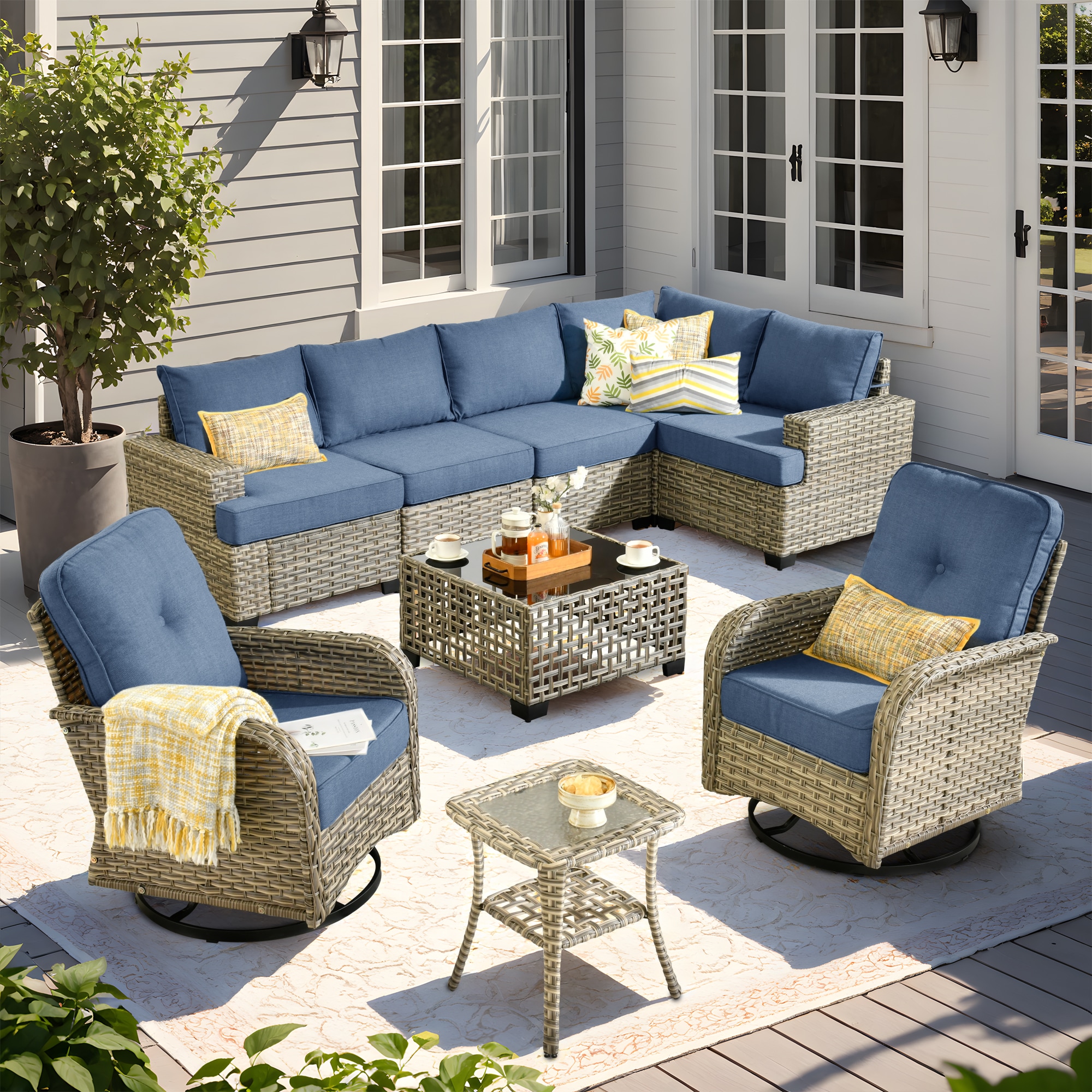 Pouuin SVYZBS500-9 Wicker Outdoor Sectional with Light blue Cushions and Steel Frame