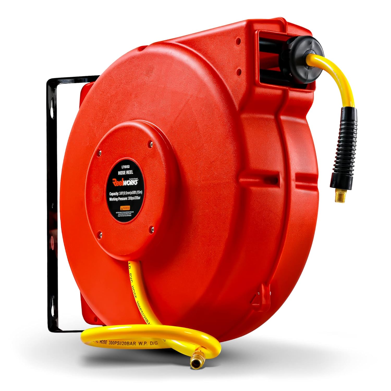 ReelWorks Air Hose Reel - Retractable 3/8 x 50' with 3' Lead-In Hose &  1/4 NPT Connections - Mountable