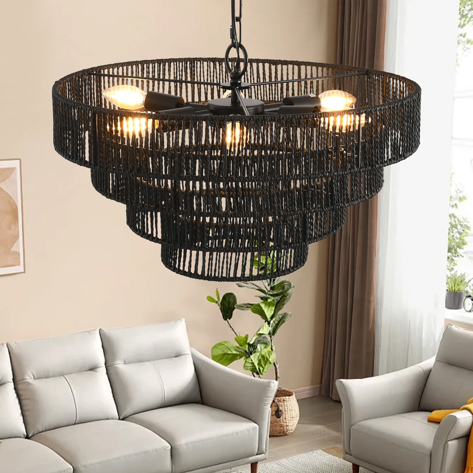 Huluwat 20-in Rustic 4-Tier Black Hemp Rope Pendant Light Chandelier ...