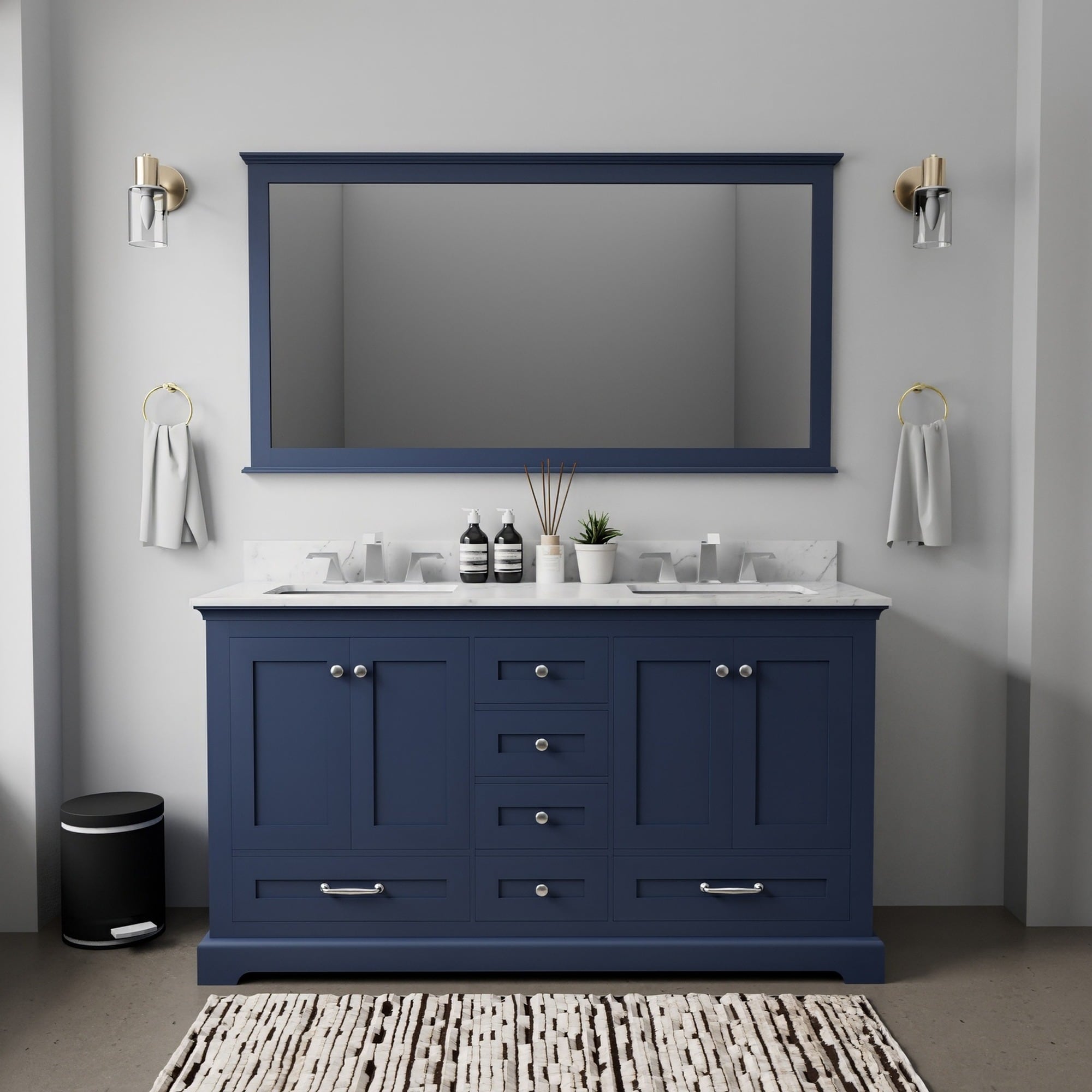 IAK 60 inch Navy Blue Wood Double Bathroom Vanity with Soft Close Doors and Ample Storage
