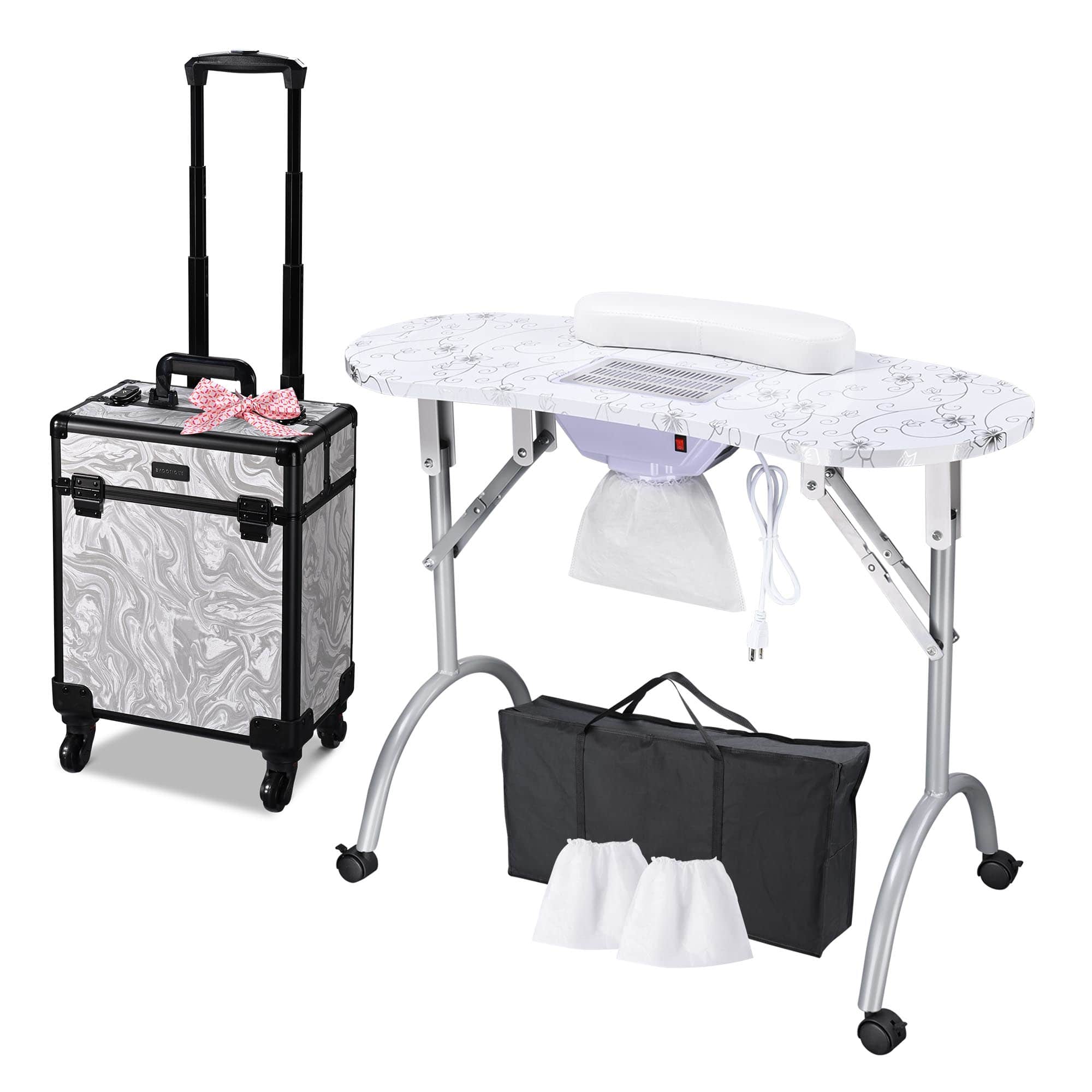 Yescom 12NATSET002-M28C9-LO Byootique Folding Manicure Nail Table and Rolling Makeup Train Case CB Graystone