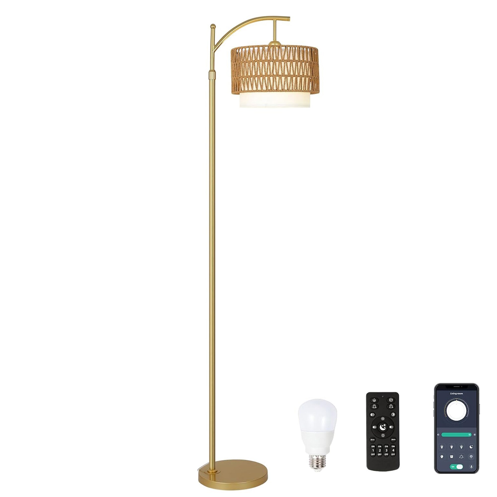 Bybafun YB5100039 72.8-Inches Gold Arc Floor Lamp with Rattan Shade