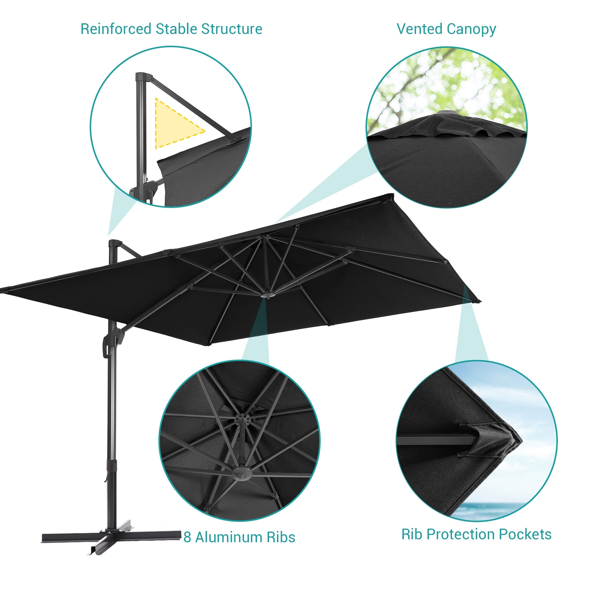 ACEGOSES 11.5-ft Aluminum Black No-tilt Cantilever Patio Umbrella in ...