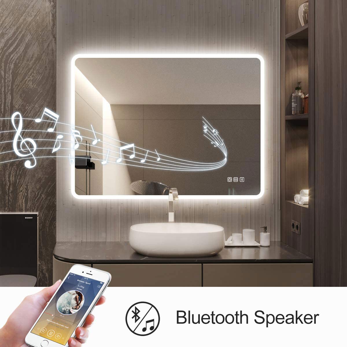 KINWELL Bathroom Mirror 31.5-in W x 23.6-in H LED Lighted White Rectangular Fog Free Frameless Bluetooth Bathroom Vanity Mirror