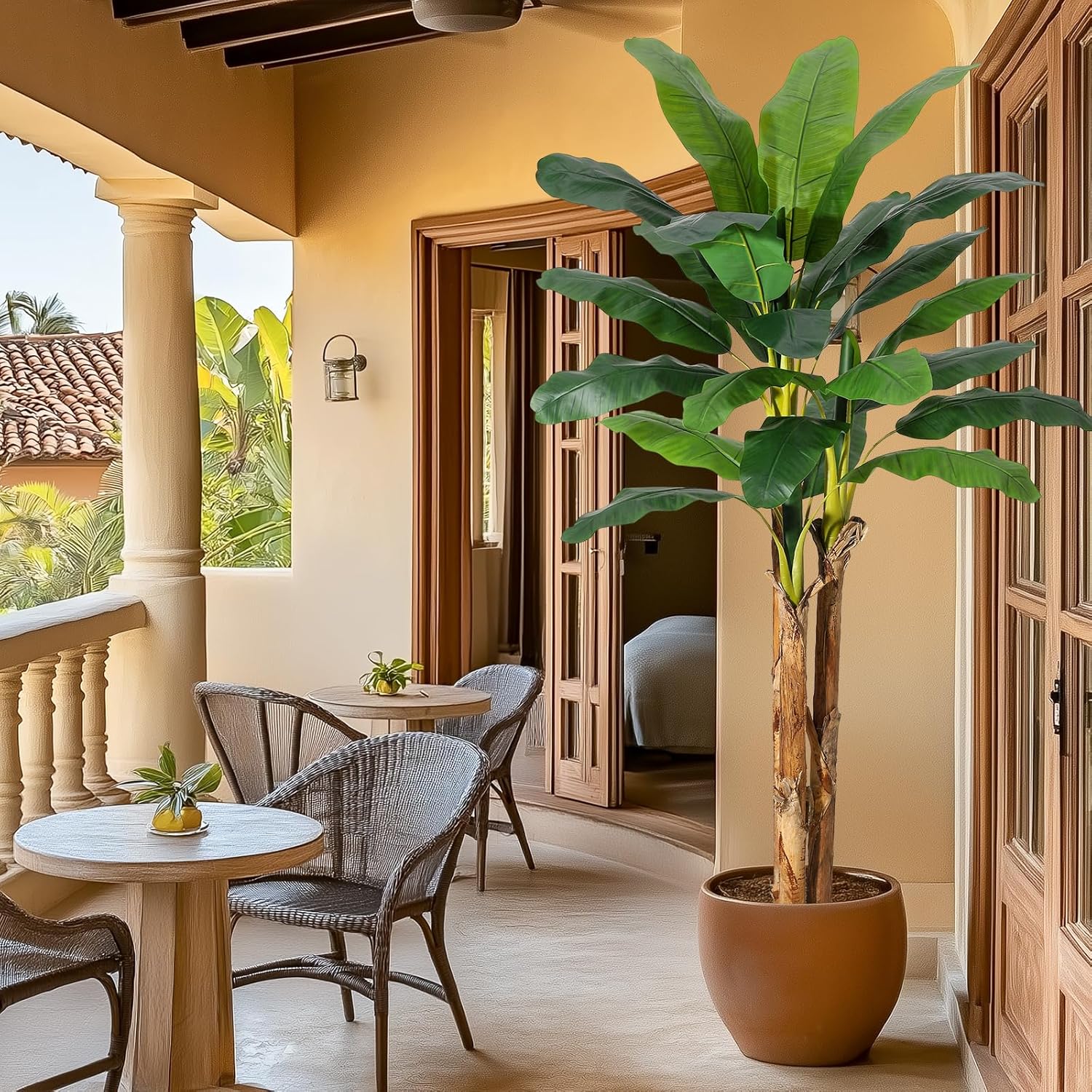 Qeetex LHF-GN-QWP89018 Artificial Banana Tree 7FT Faux Banana Tree with Grey Planter Artificial Plants with 24 Faux Banana Leaves Plant for Home Office Decor