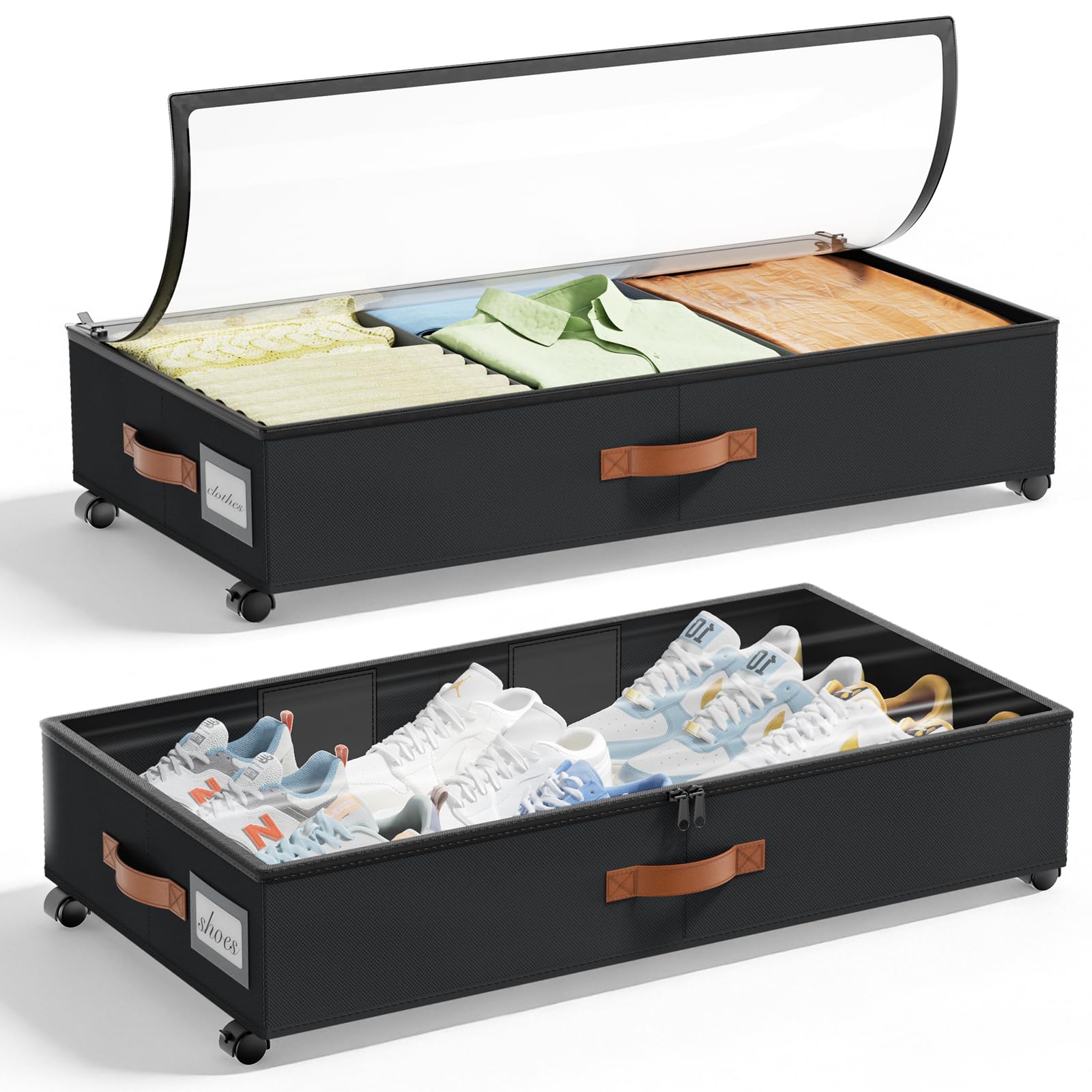 YICSAM Black 2 Pack 55L Under Bed Storage Containers With Wheels Adjustable Dividers See Through Lid Rolling Drawers For Clothes Blankets