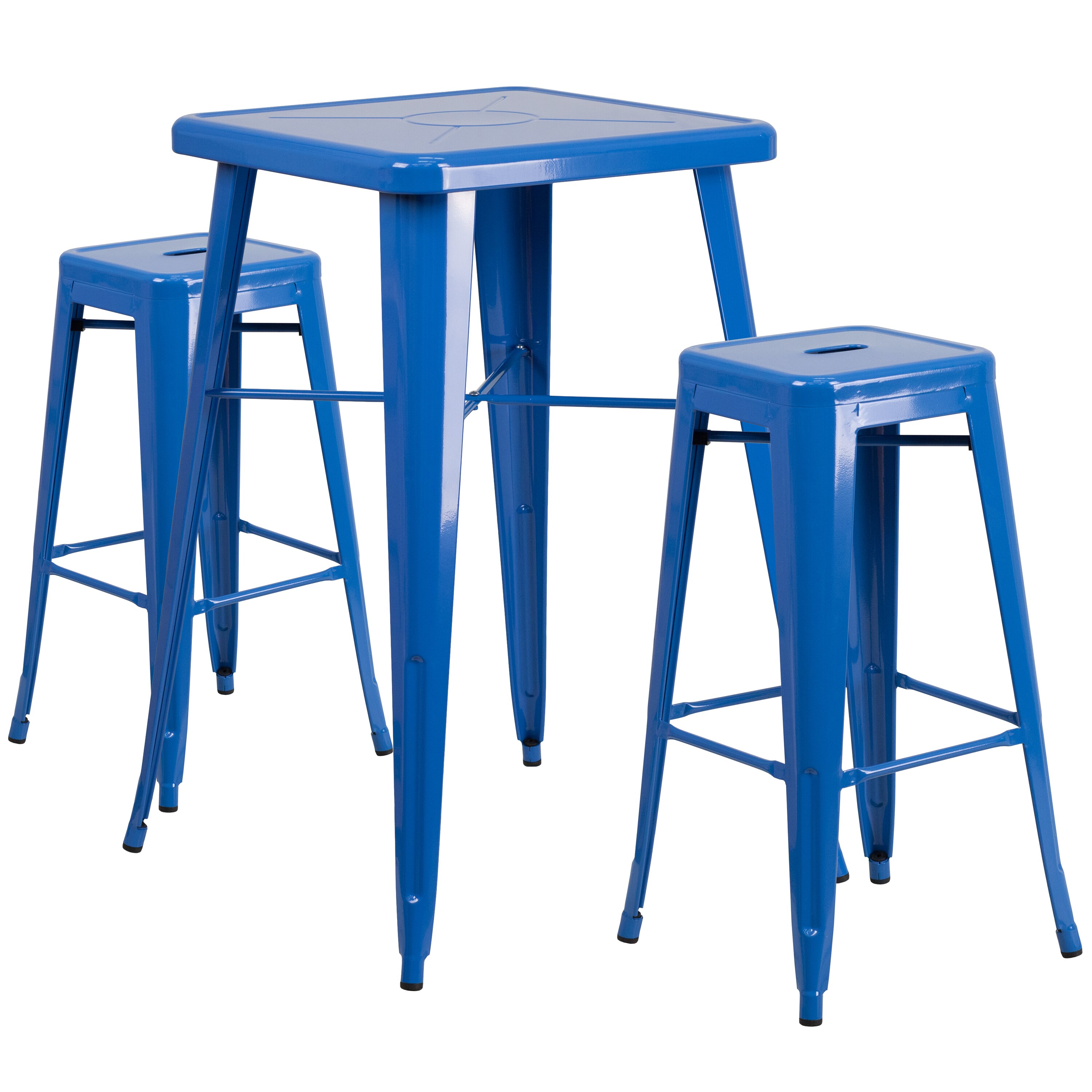 Flash Furniture 889142025764 Stone Commercial Grade 23.75-in Square Blue Metal Indoor-Outdoor Bar Table Set with 2 Square Seat Backless Stools