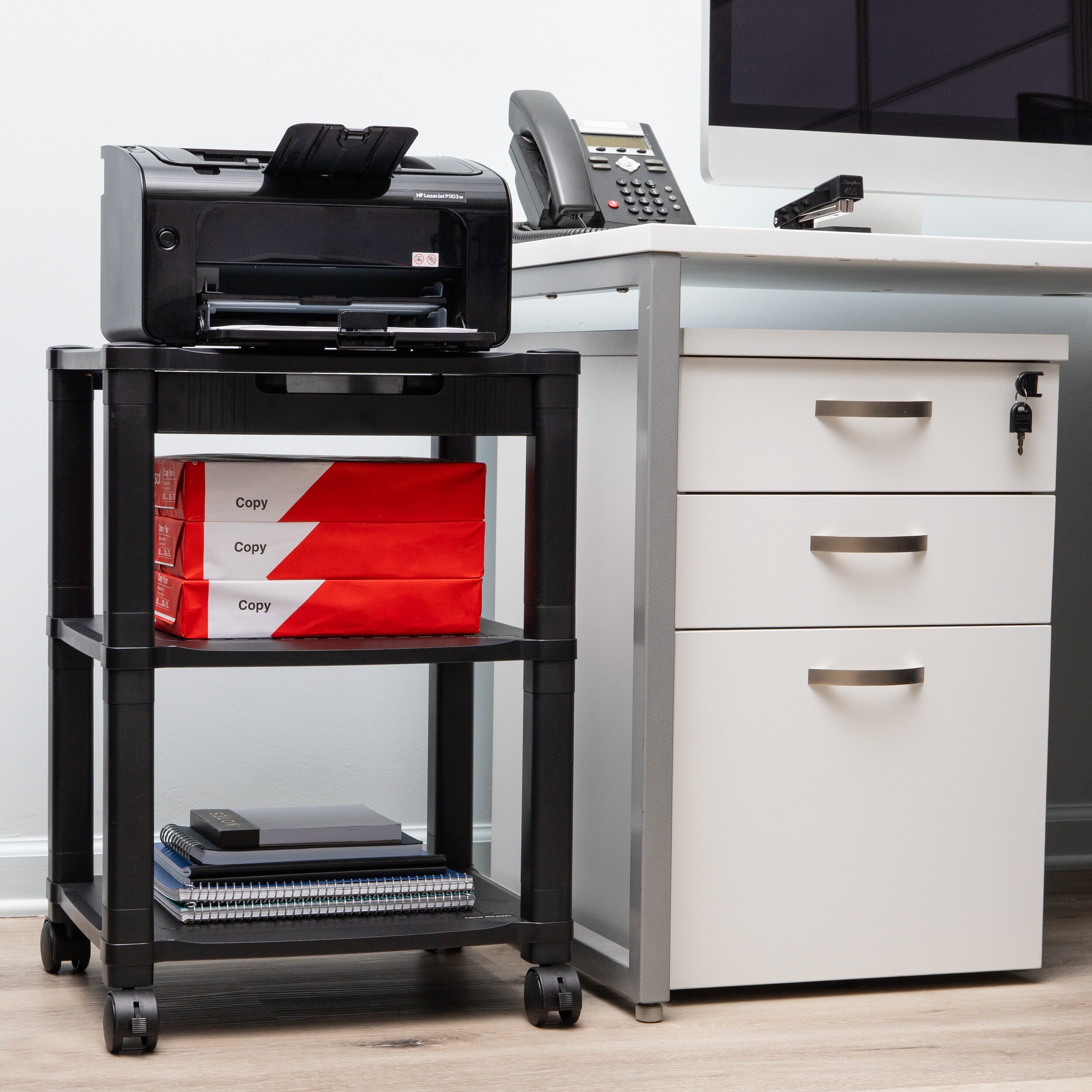 Printer Stand - Under Desk Printer Stand with Cable Management & Storage Drawers