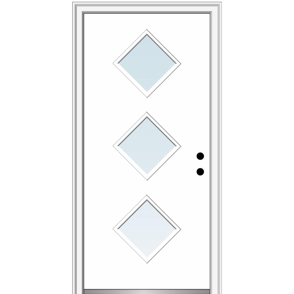 MMI DOOR ZZ346294L Spotlights 36-in x 80-in x 4-9/16-in Fiberglass Pulse lite Left-hand inswing Brilliant White Painted Prehung Front Door with Brickmould Insulating core