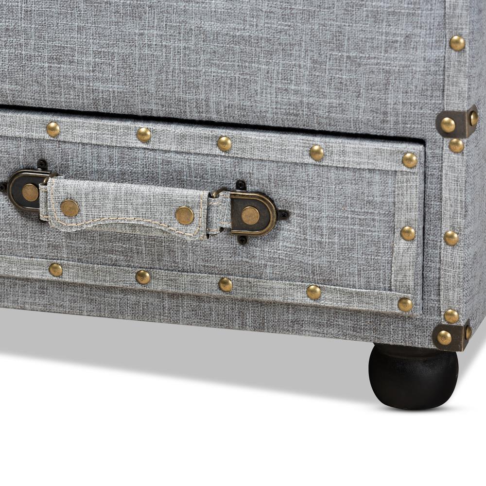 Grey Linen 32" Tufted Storage Ottoman with Antique Brass Accents
