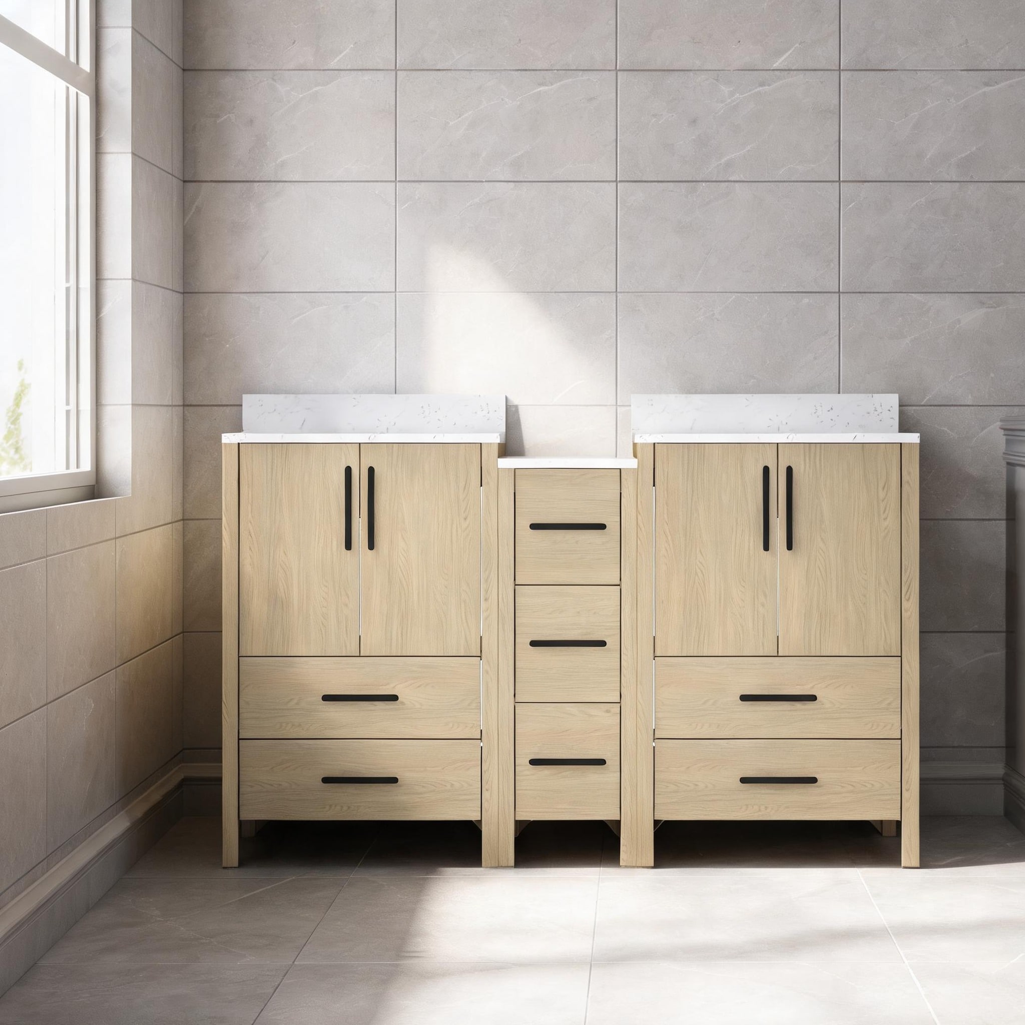 Watnature - 60 Inch Warm Natural Wood Freestanding Double Sink Bathroom Vanity Modern Minimalist ...
