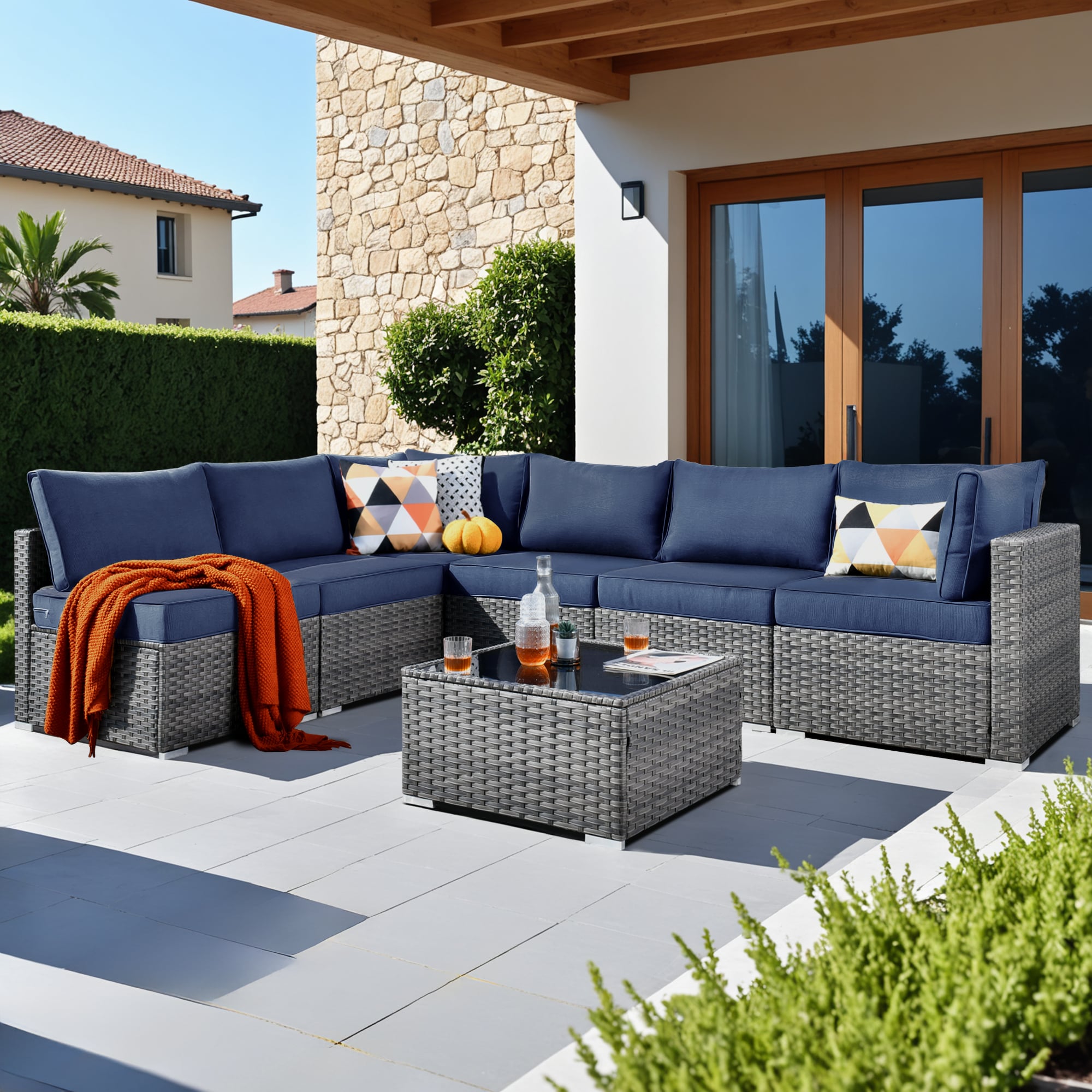 weaxty HMBHOP307 Kuuga Outdoor Sectional with Blue Cushions and Steel Frame