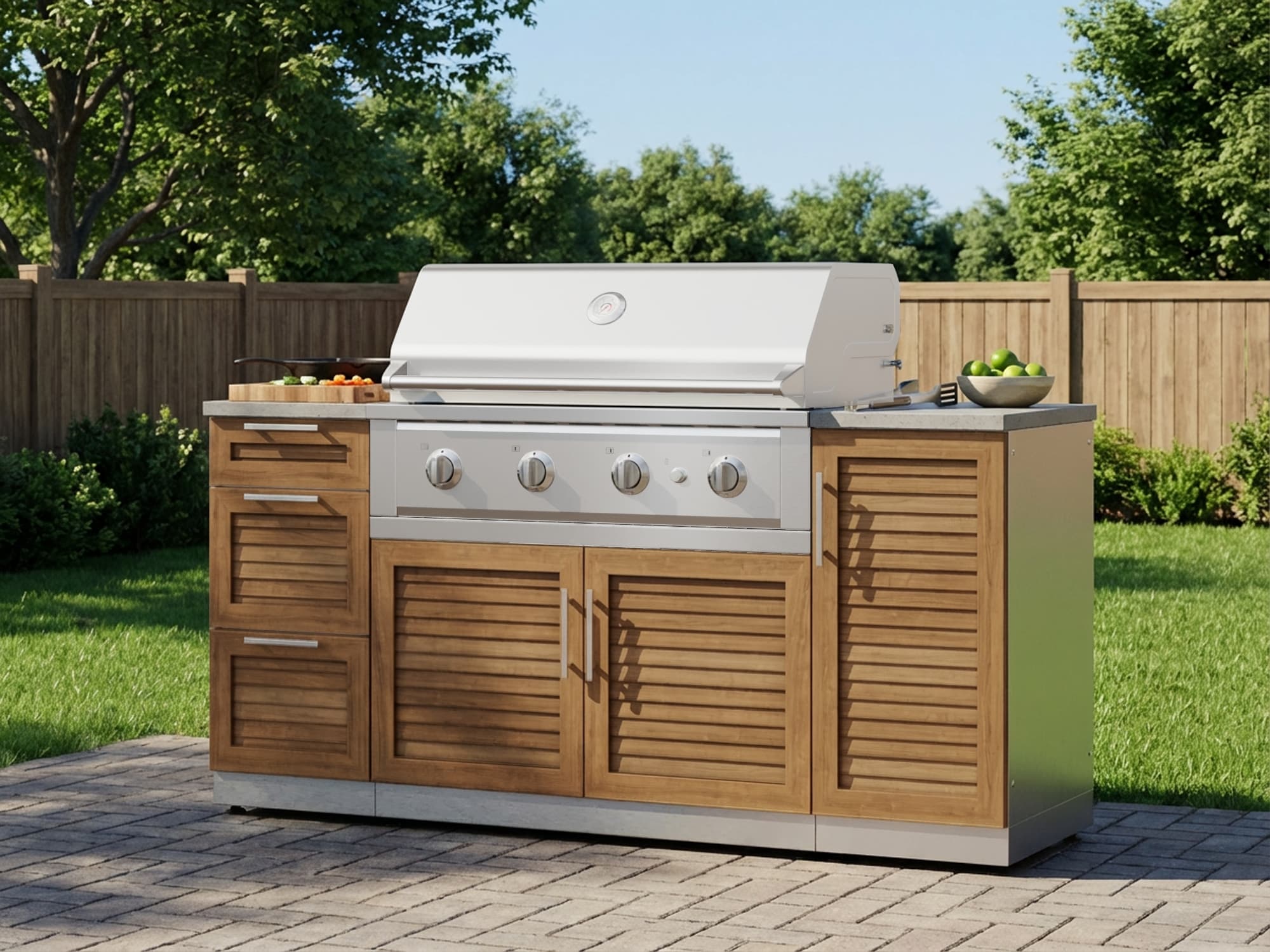 NewAge Products Classic Series 72-in W Modular Outdoor Kitchen Grill island with 4 -Burners Gas Grill, Stainless steel Grove Louvered Door