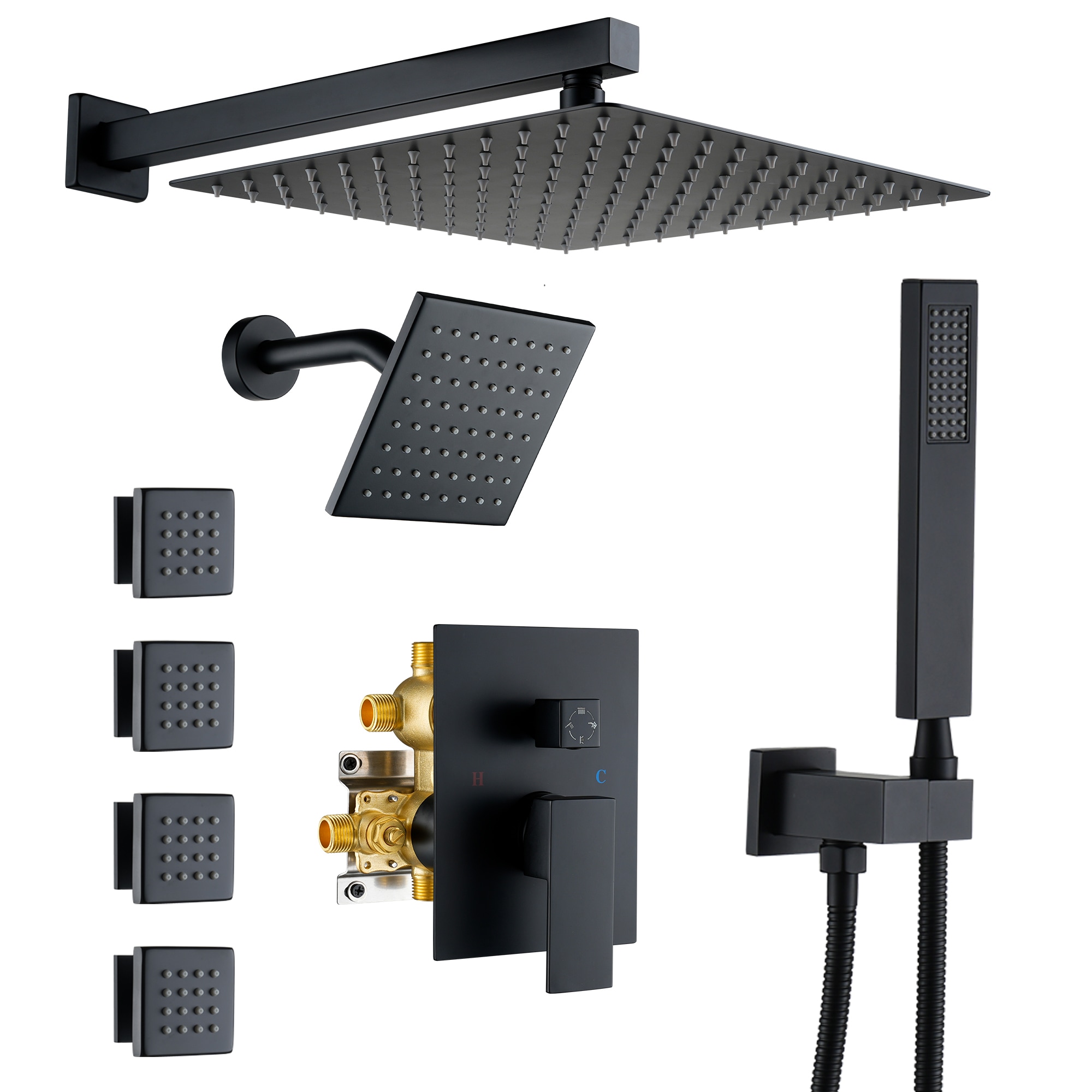 CASAINC CS6221-12MB 12-in 4 Function Luxury Dual Shower Faucets System Sets Matte Black 12-in Dual Head Built-In Shower Faucet System with 4-way Diverter ( Pressure-balanced Valve Included )