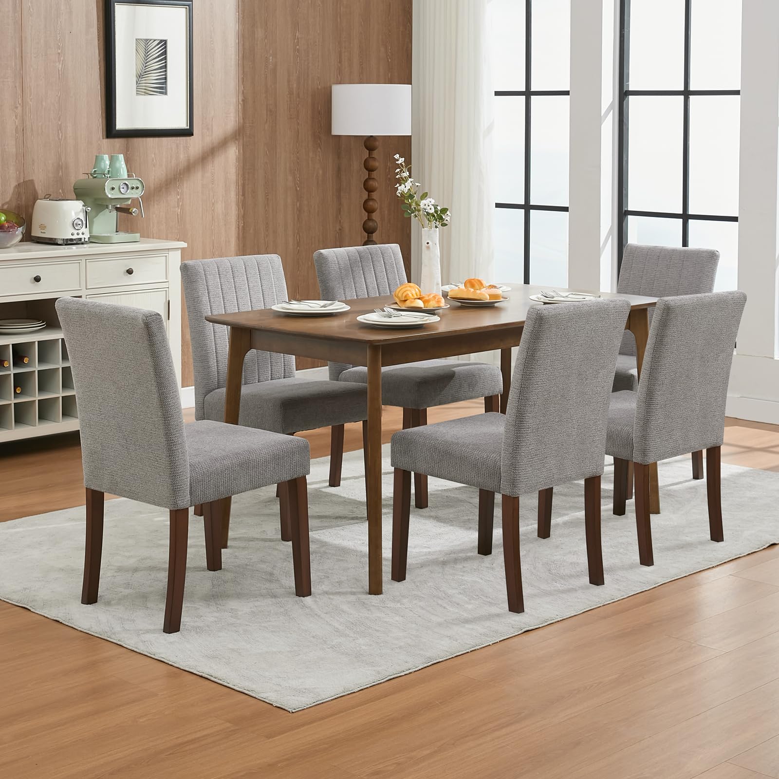 GarveeLife Dining Chair Set Linen Upholstered Stripes Tufted Kitchen Chair Set with High Backrest Fabric Dining Room Chairs with Adjustable Foot Cap