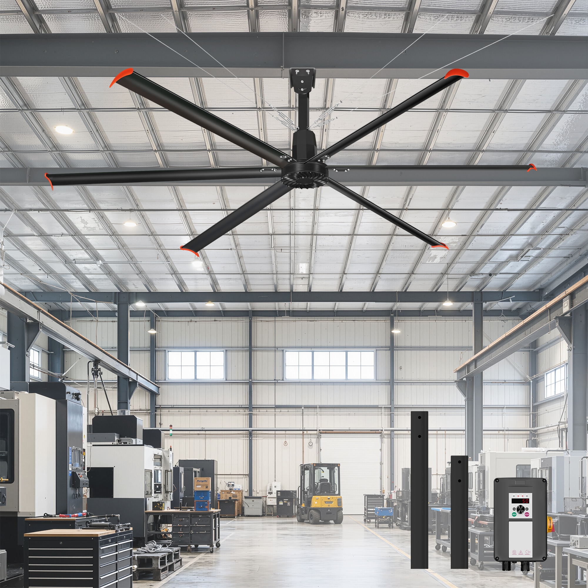 Airsurfer 168-in Matte Black with Black Aluminum Blades Indoor Downrod Commercial HVLS Industrial Ceiling Fan Ultra-Quiet PMSM Motor Without Light and Wall Control Included (6-Blade)