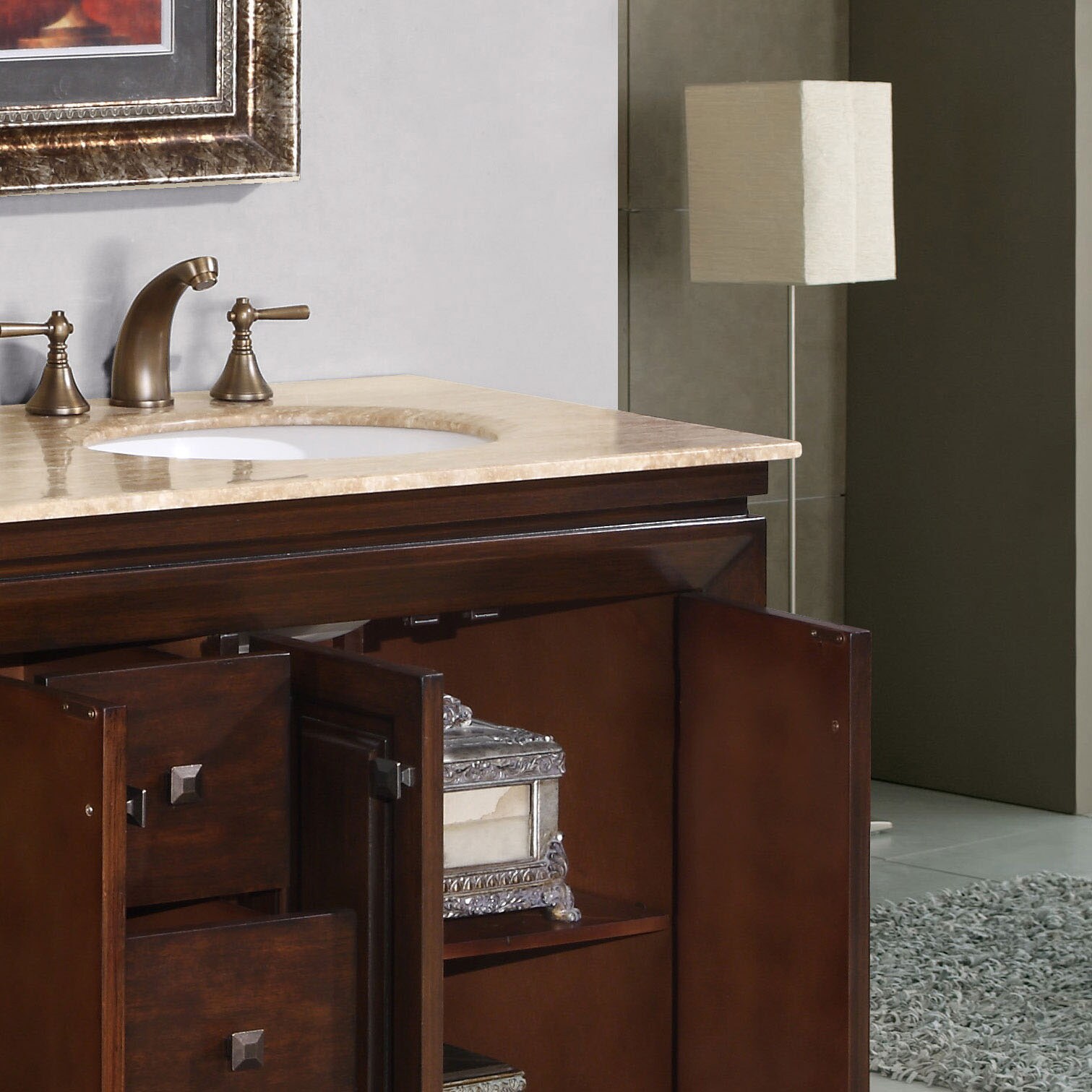 Silkroad Exclusive 55-in Dark Walnut Undermount Double Sink Bathroom Vanity  with Travertine Top in the Bathroom Vanities with Tops department at