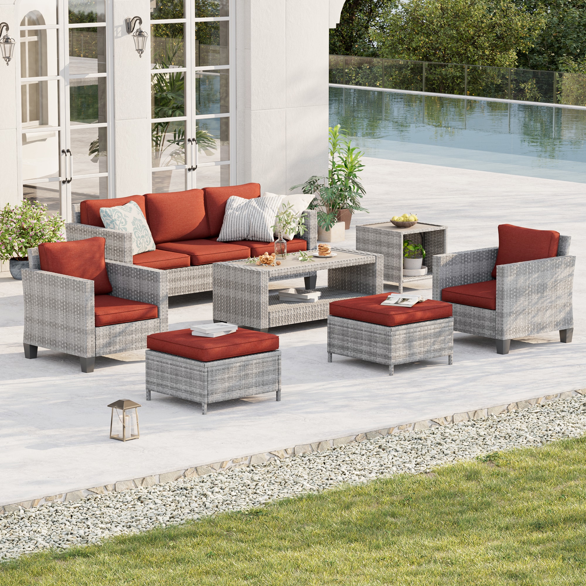 ACEGOSES LW-115HOG-S1T3 7 -Piece Wicker Patio Sofa Conversation Set with Orange Cushions