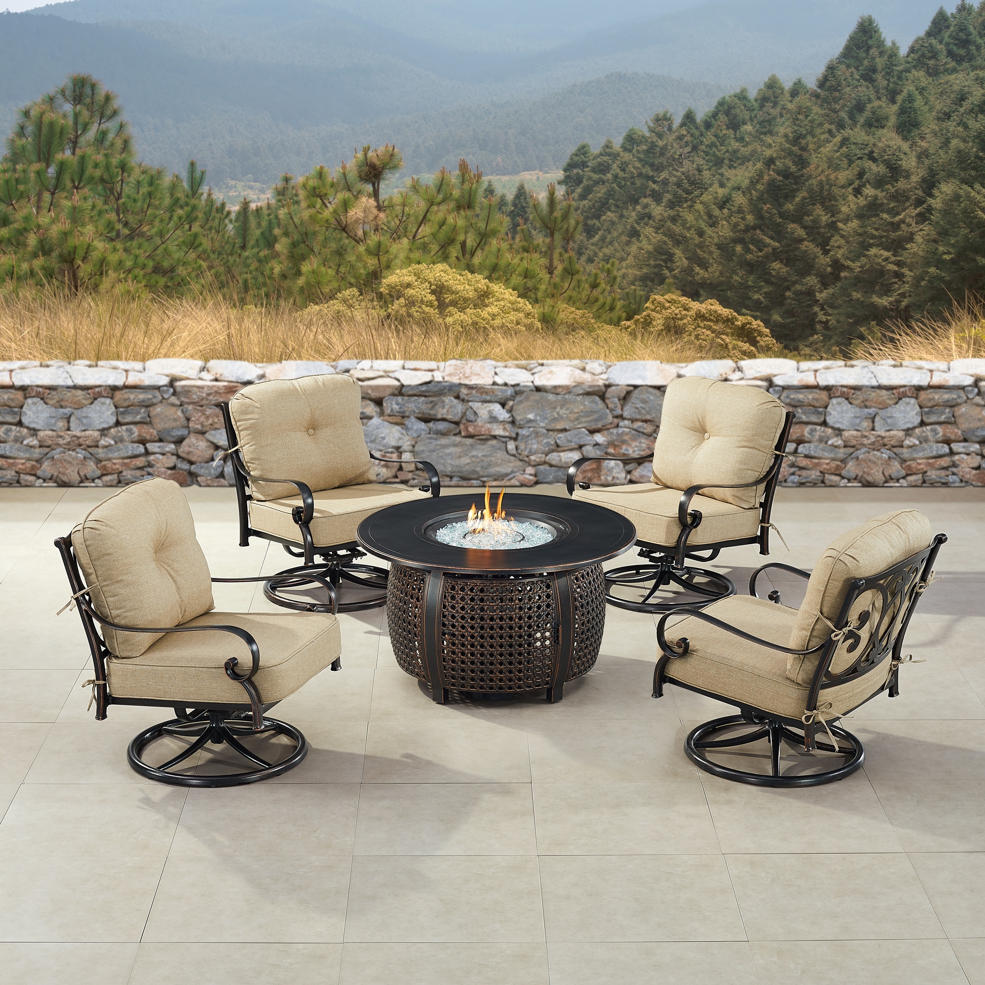 Oakland Living POPPY4CHCLIFFTNCUIBA Fire Pit Table Set, Four Lounge Chairs, Wind Guard and Ice Bucket 15 -Piece Patio Conversation Set with Tan Cushions