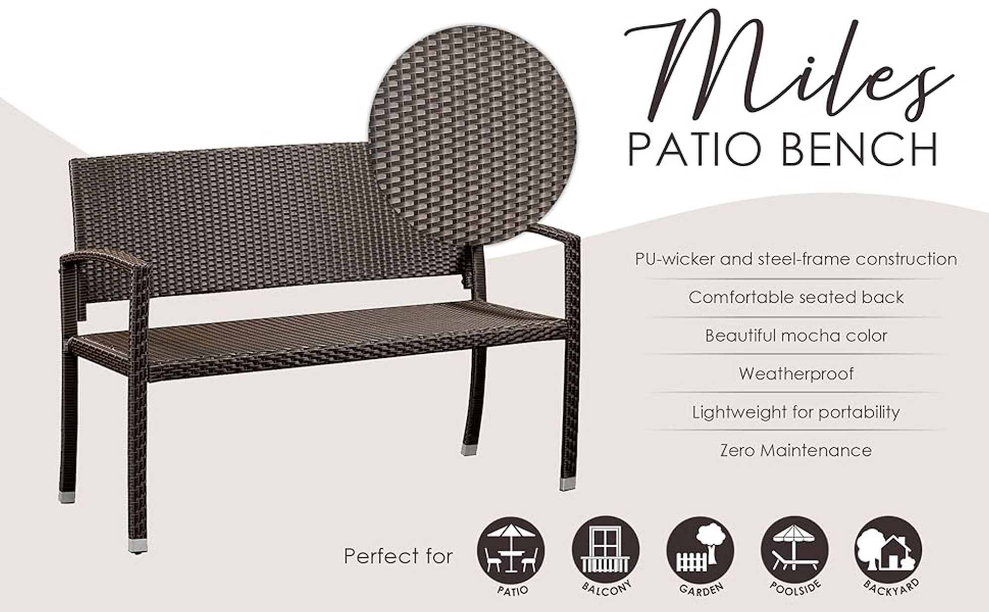 Mocha Resin Wicker Outdoor Bench with Steel Frame