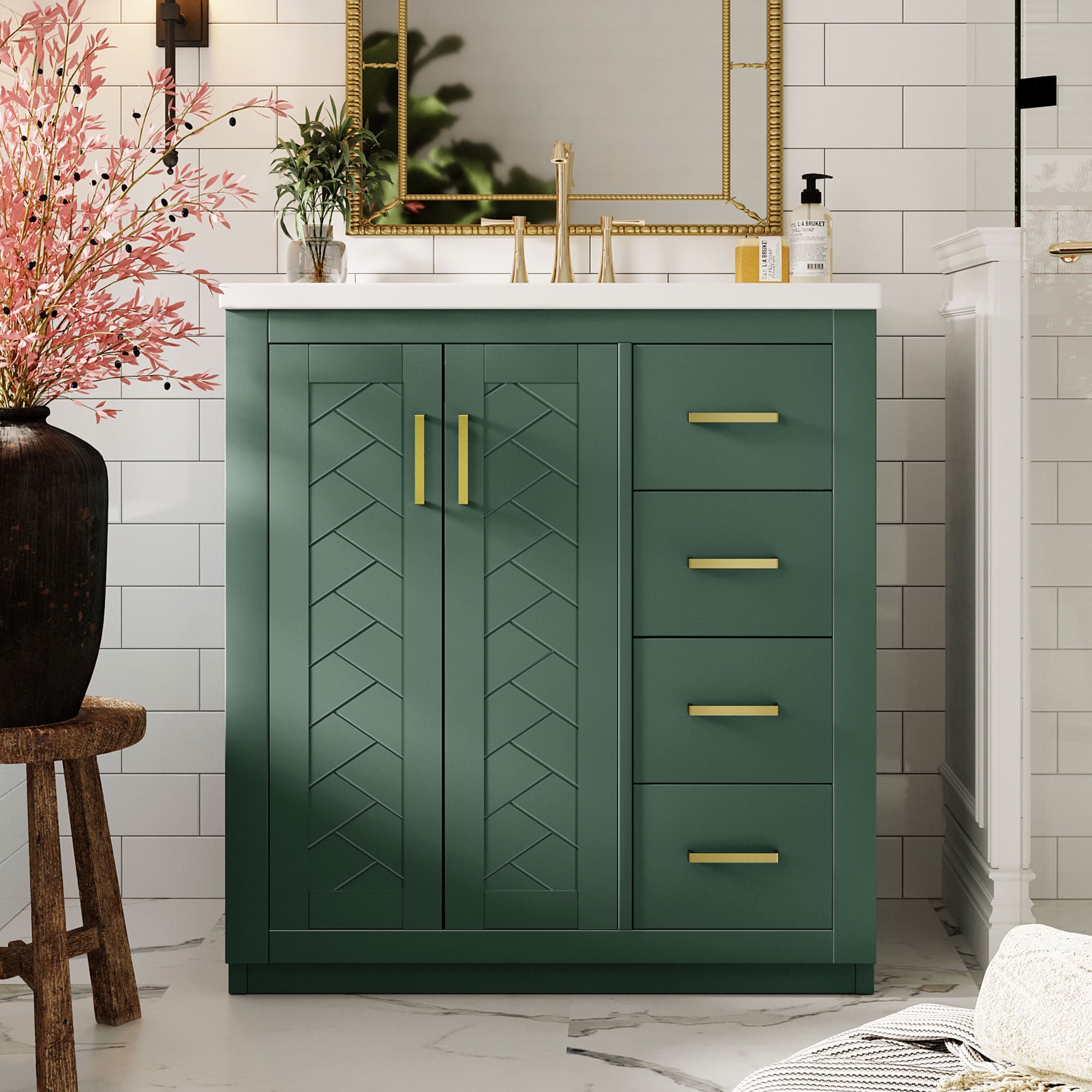 Iseryn YSG947FP191 Bath Vanity 30-in Green Undermount Single Sink Bathroom Vanity with White Ceramic Top