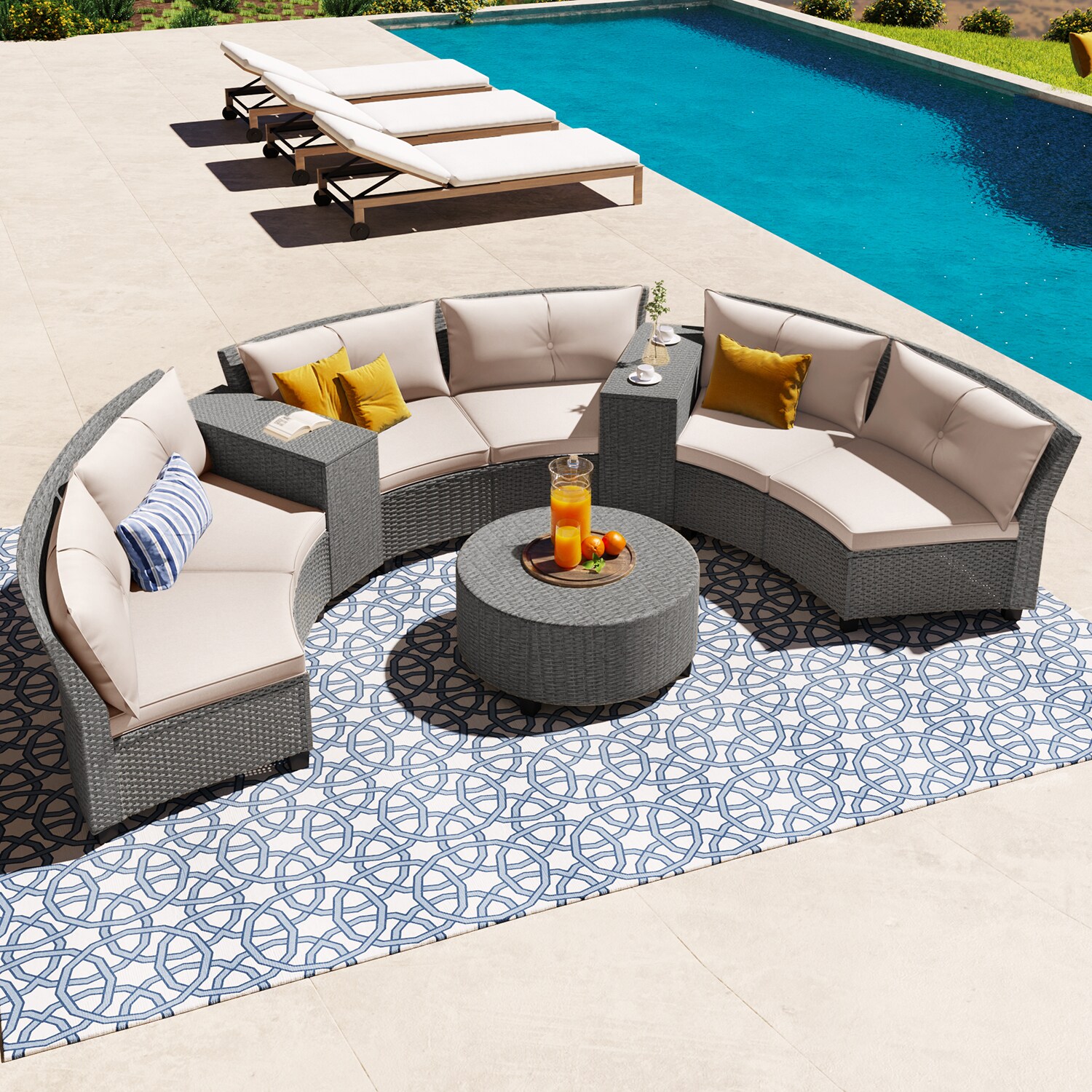 GZMR TMOD000074BL 9 -Piece Rattan Patio Conversation Set with Off-white Cushions