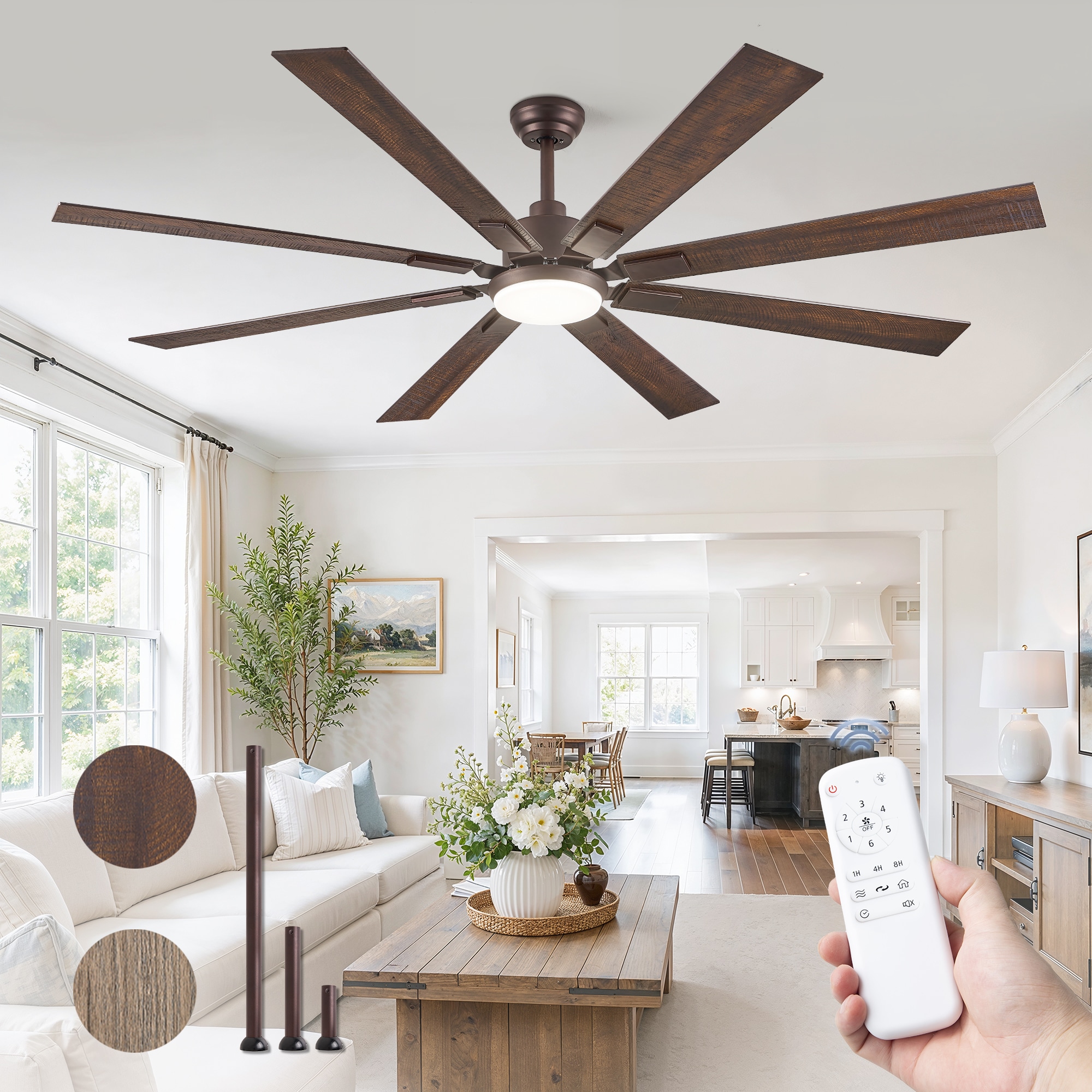 ZMISHIBO 72-in Matte Dark Brown 3-Color Temperature LED 8 Blades Dual-Finish Downrod Mount DC Motor Ceiling Fan With Light and Remote Control Included
