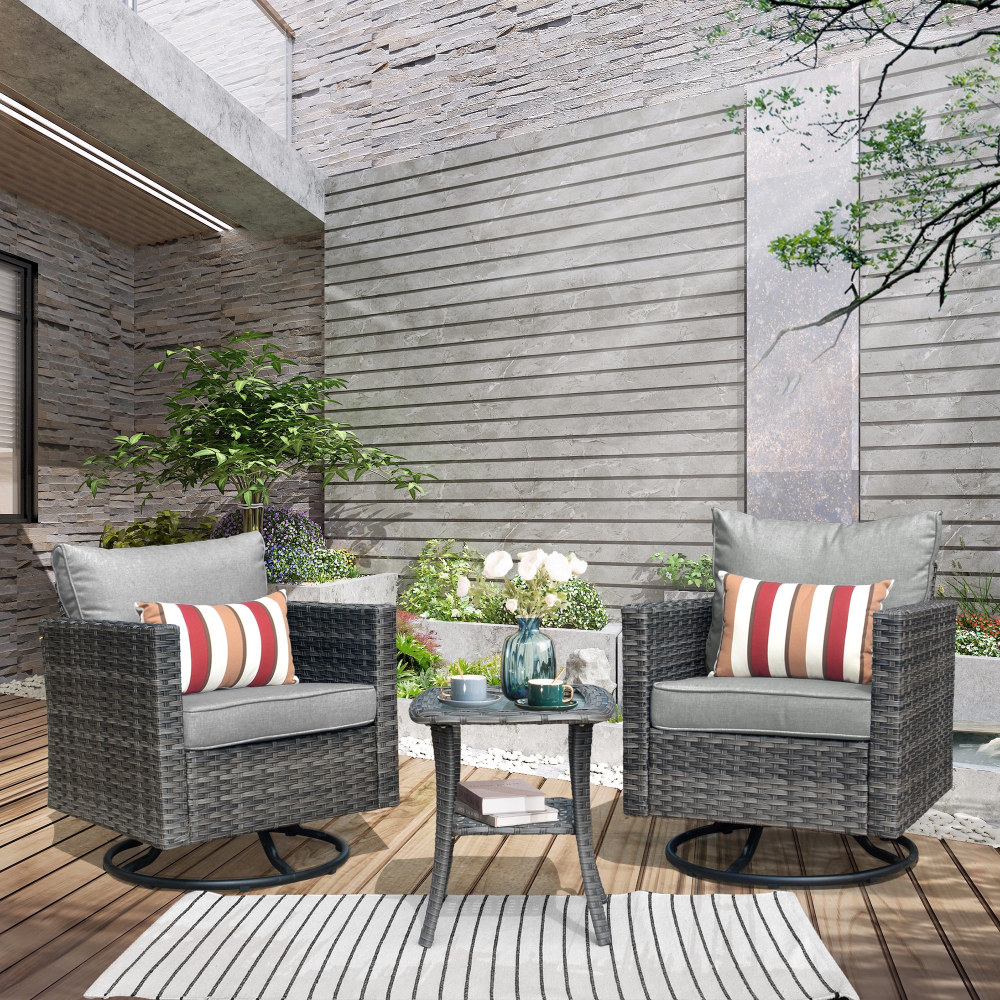 XIZZI XSQRC2132 Lullaby Set of 2 Wicker Gray Metal Frame Swivel Rocking Chair with Gray Cushioned Seat