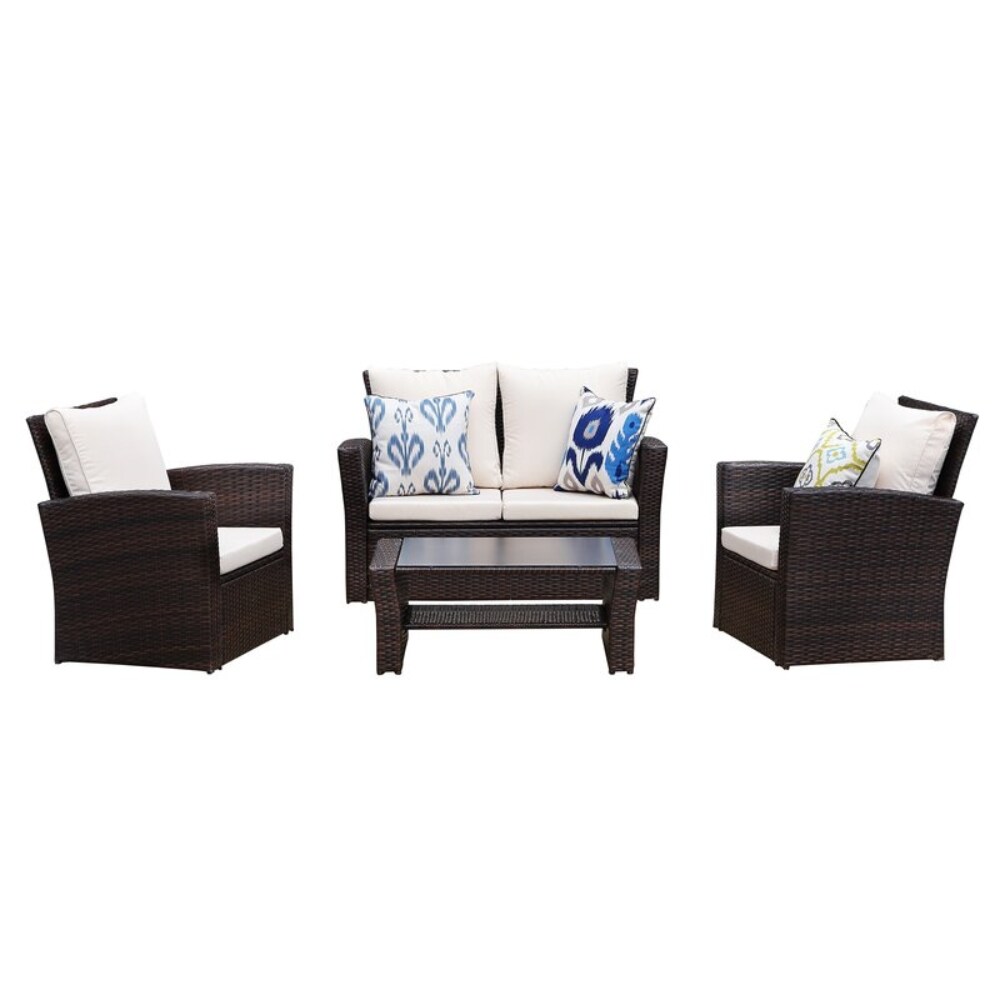 Maocao Hoom JL8S00039 4-Piece Rattan Patio Conversation Set with Brown Cushions