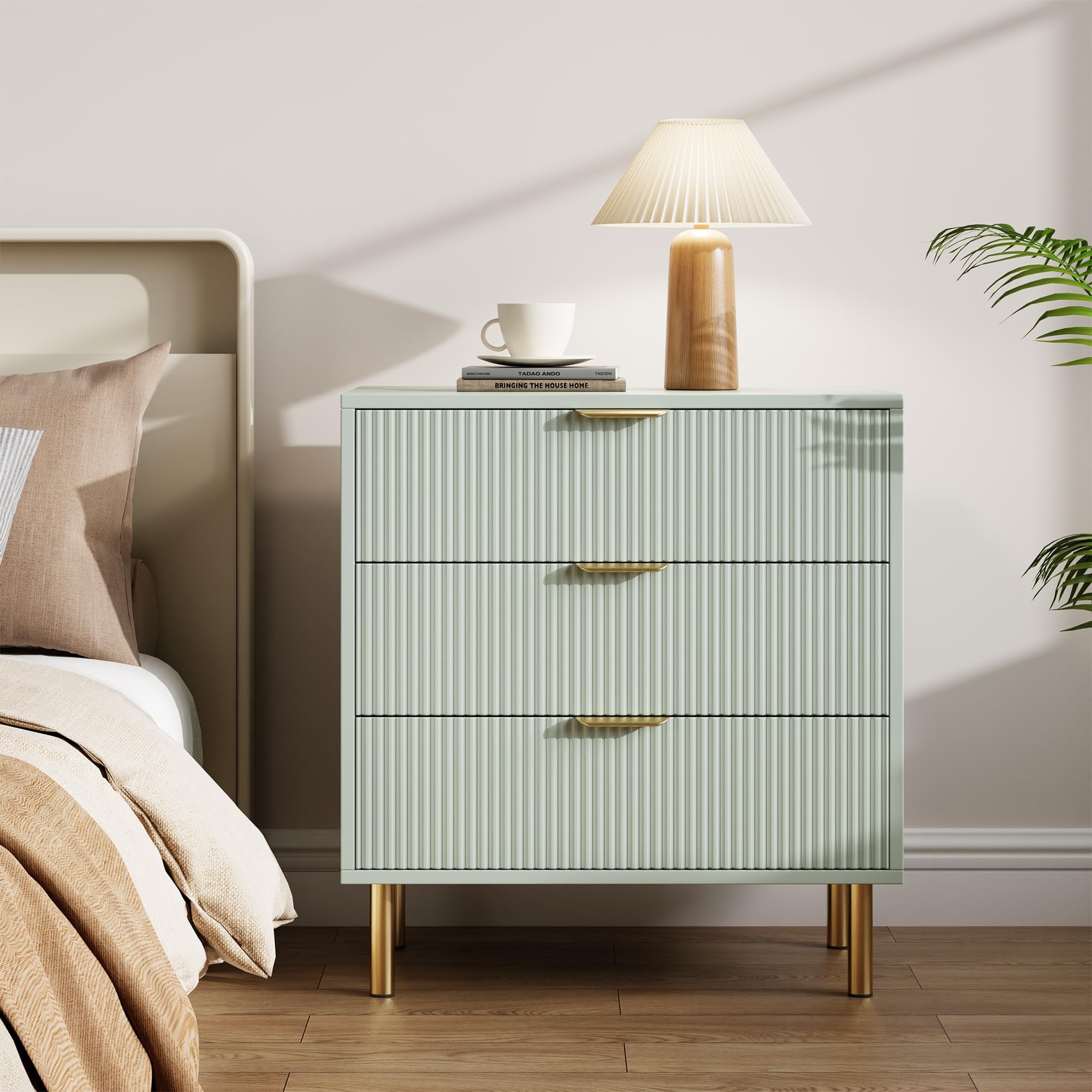 GarveeLife Green 3 Drawer Dresser with Gold Handles and Legs Fluted Bedside Storage Chest for Living Room Hallway in the Dressers department at